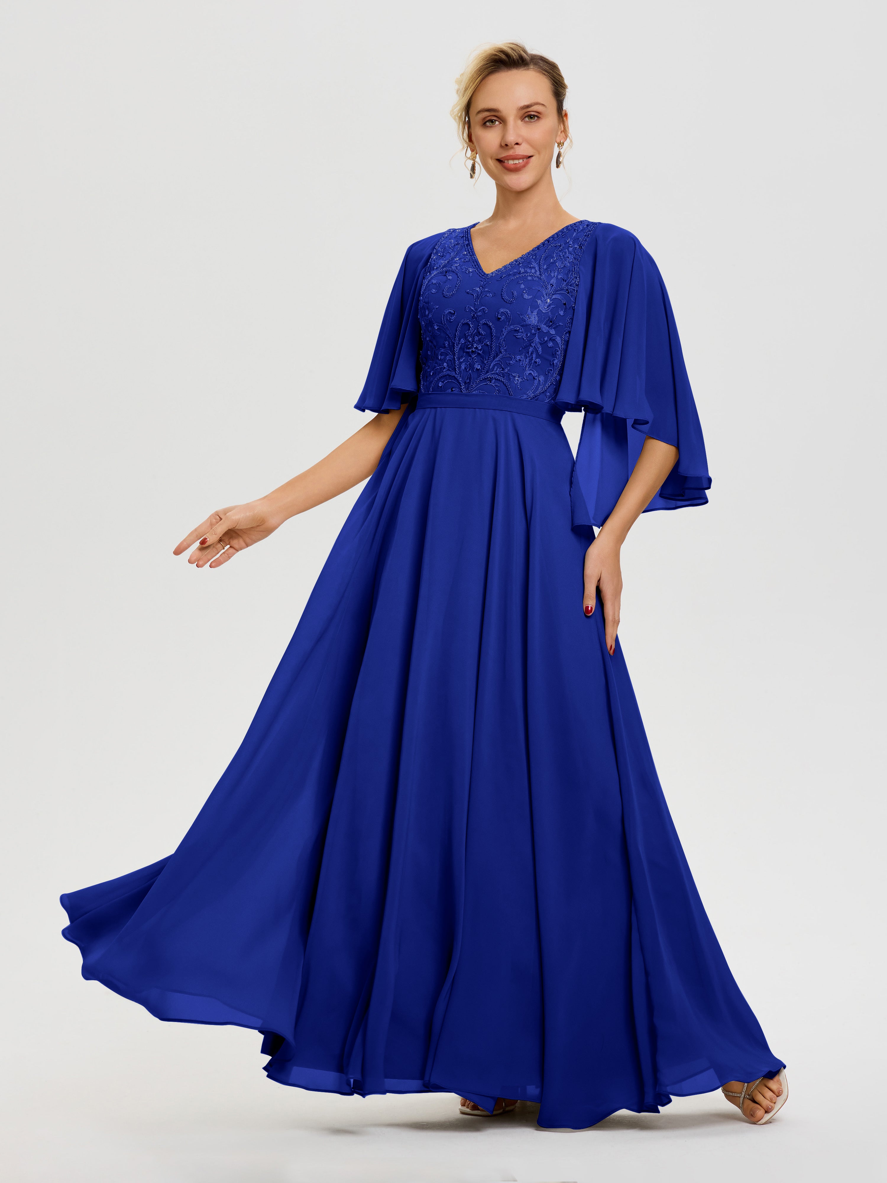 Mother Of The Bride Dresses Royal Blue V-Neck A-Line Half Sleeves Ruch
