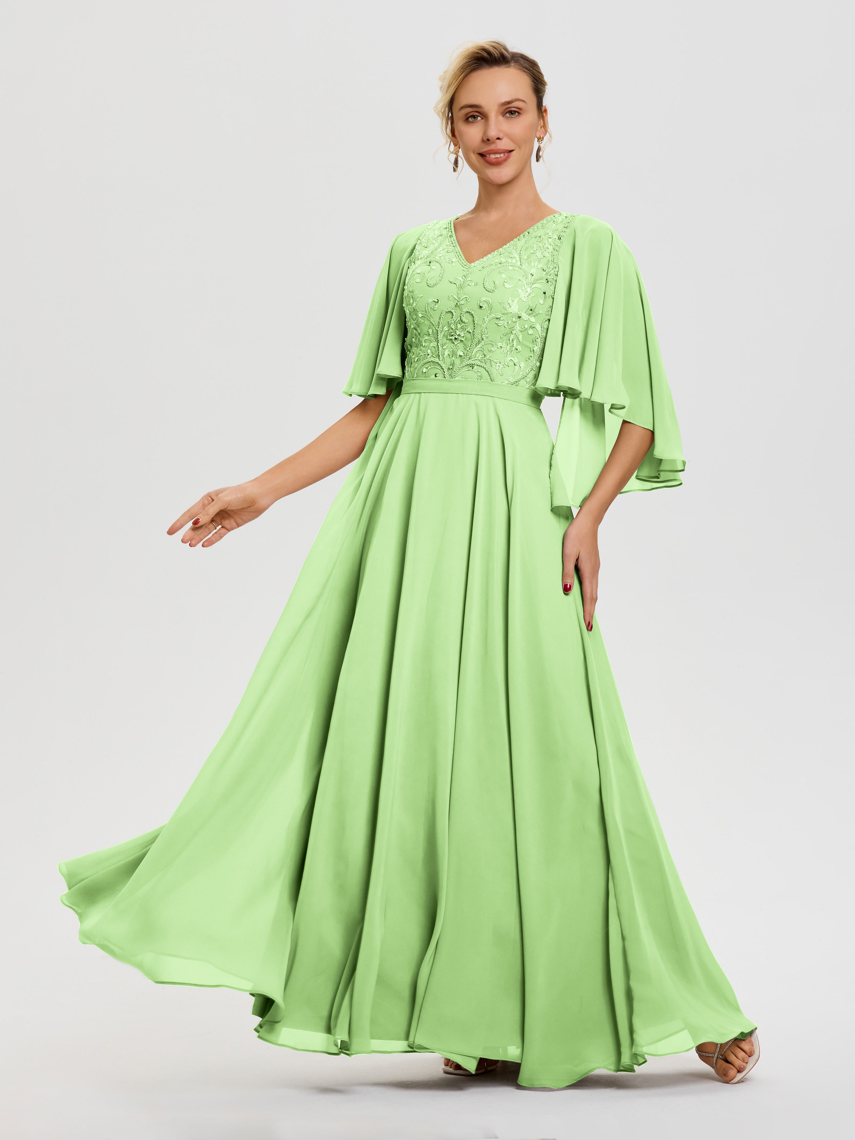Sage Green Mother Of The Groom V-Neck A-Line Half Sleeves Ruched Zippe