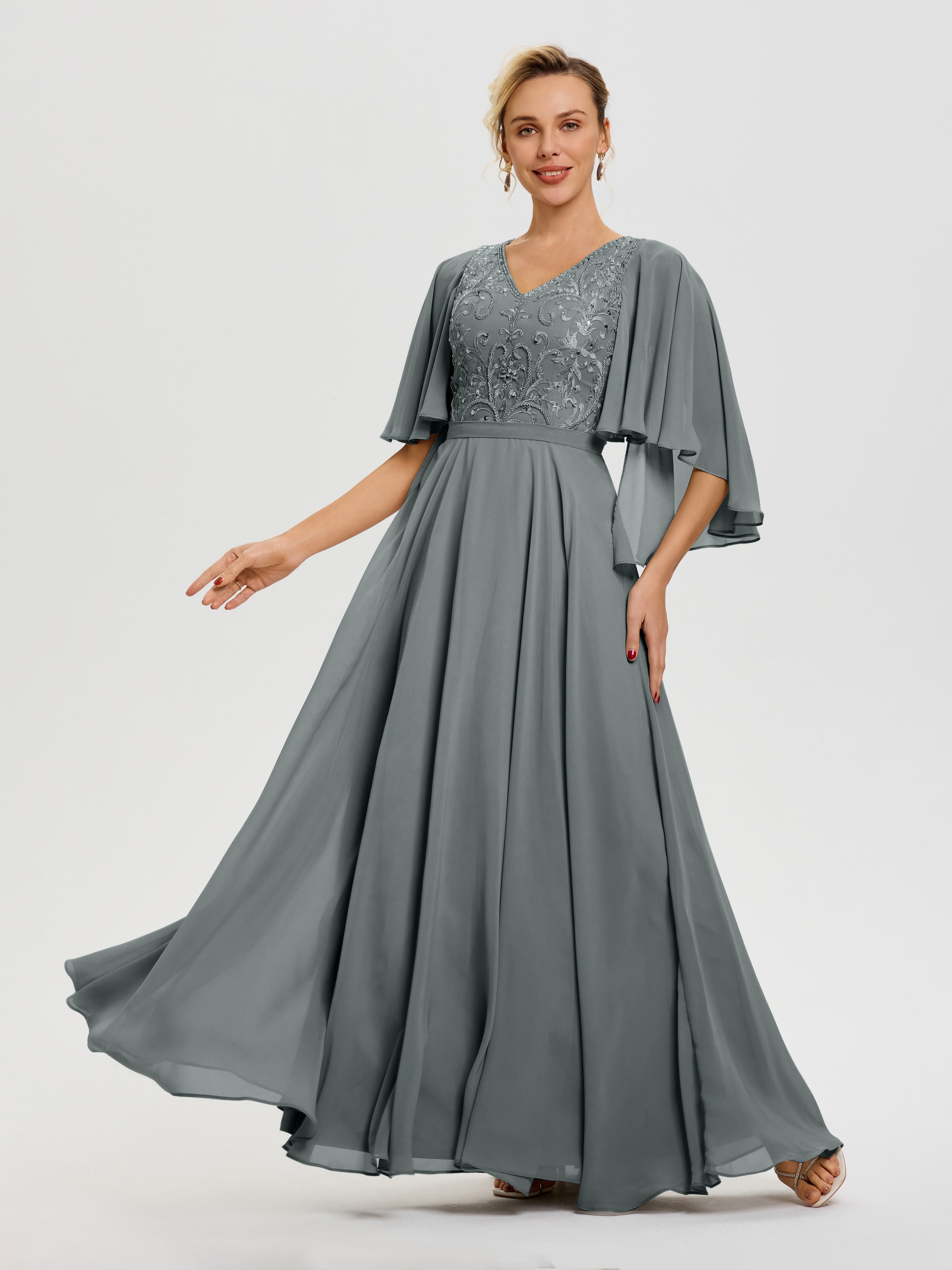 Steel Gray Mother Of The Bride Dresses V-Neck A-Line Half Sleeves Ruch Steel Gray Mother Of The Bride Dresses V-Neck A-Line Half Sleeves Ruch