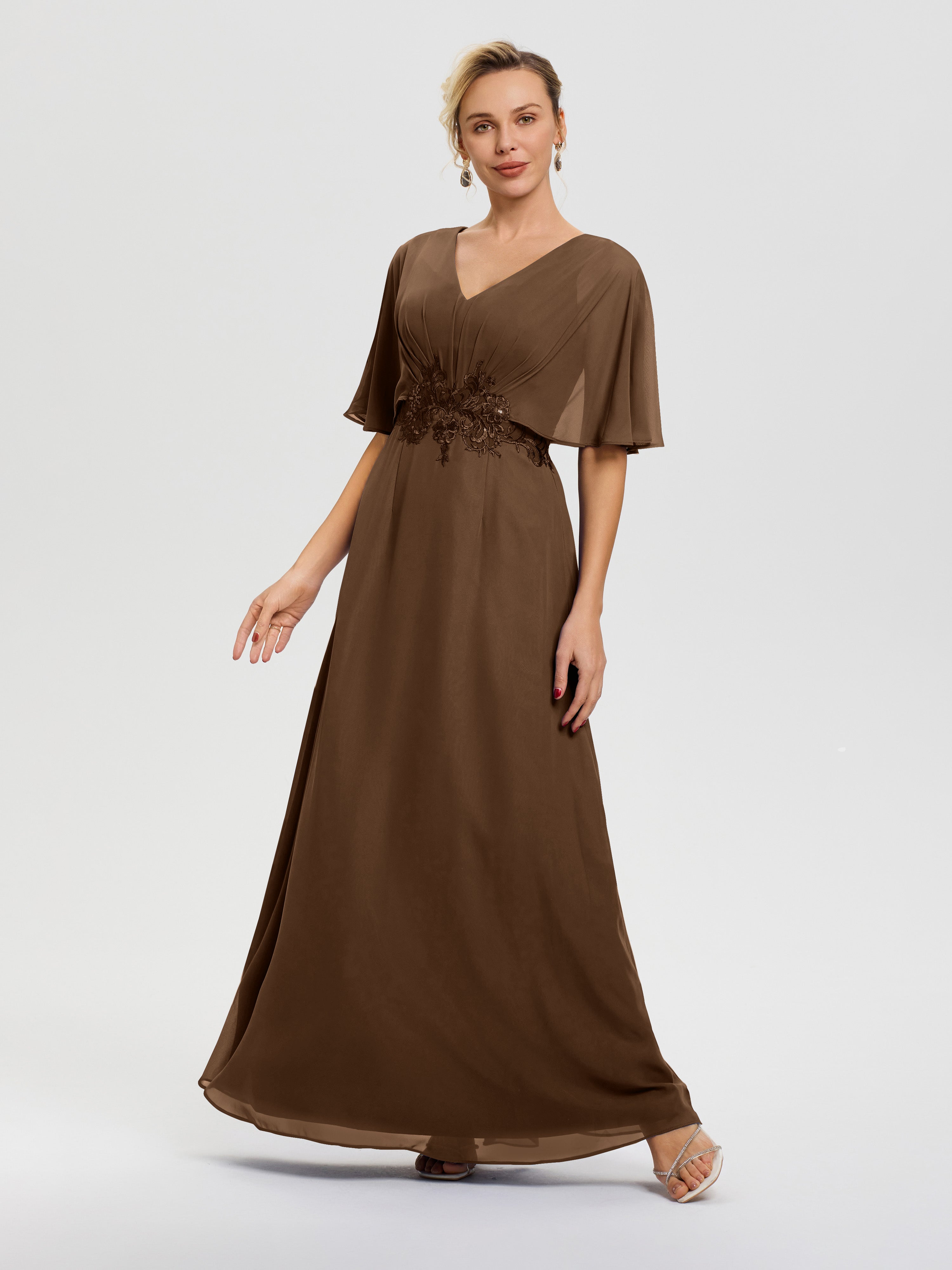 Brown Mother Of The Bride Gowns V-Neck Appliques A-Line Half Sleeves L
