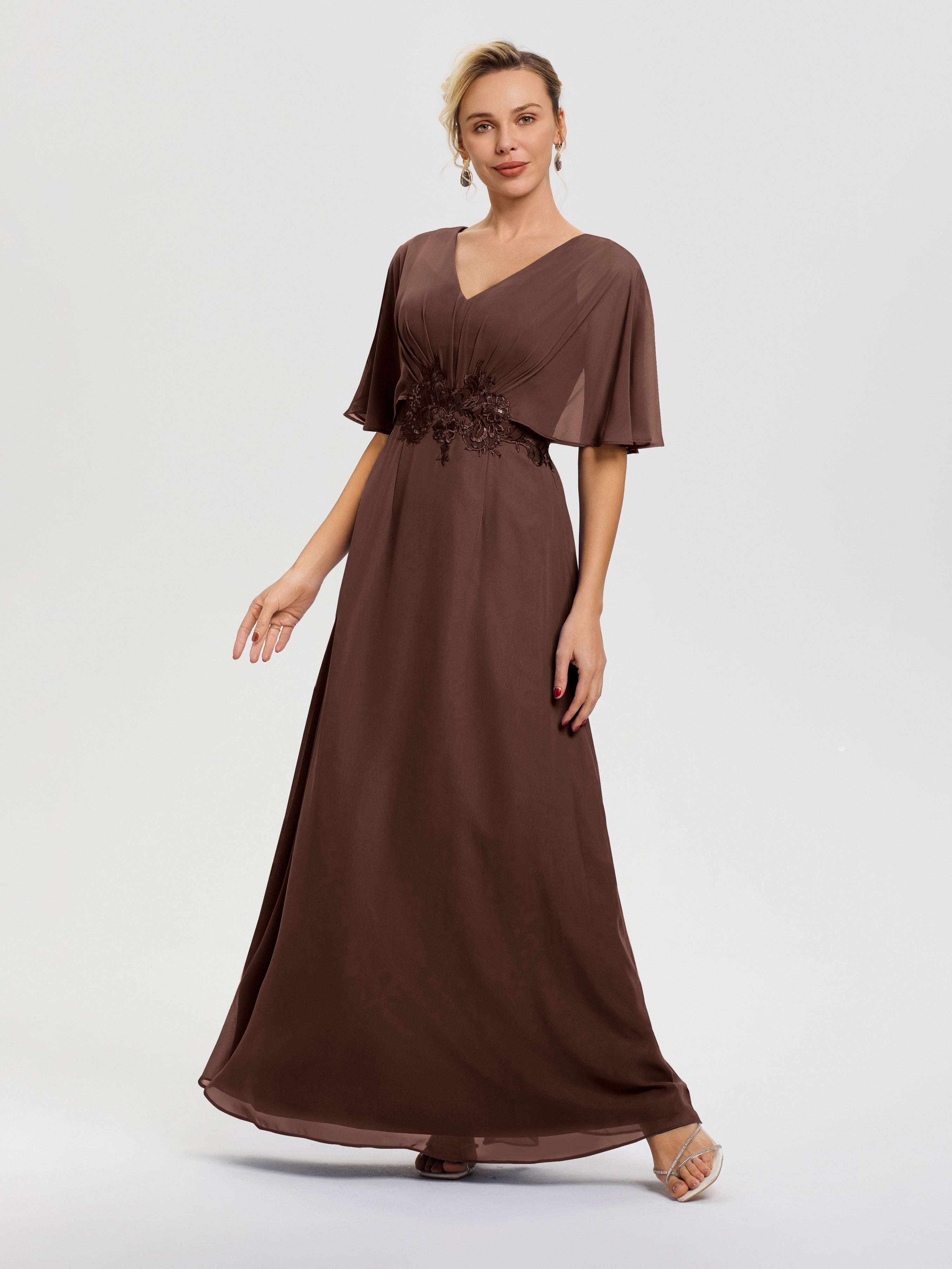 Chocolate Brown Mother Of The Bride Dress V-Neck Appliques A-Line Half