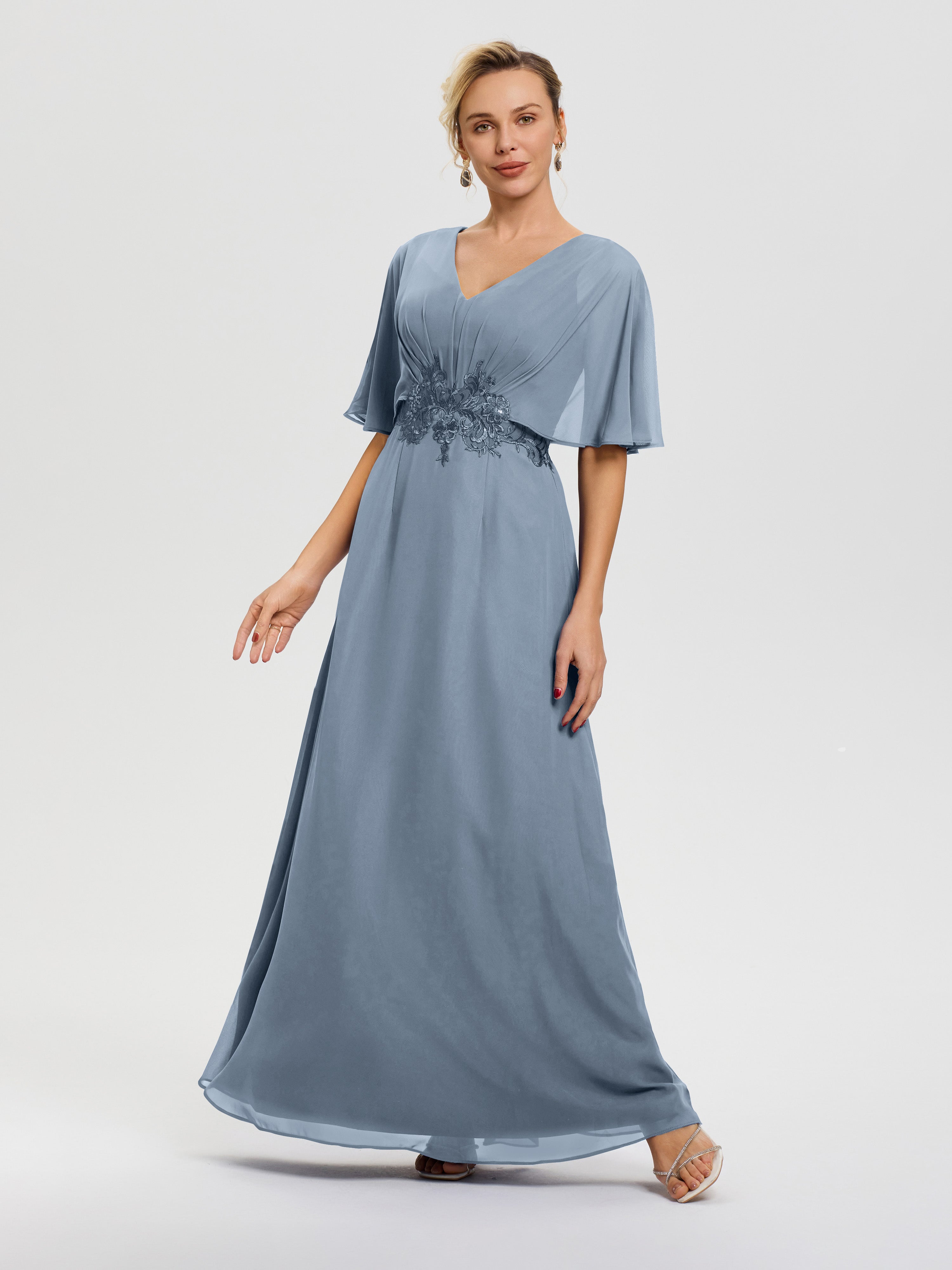 Dusty Blue Grandmother Of The Bride Dresses V-Neck Appliques A-Line Ha