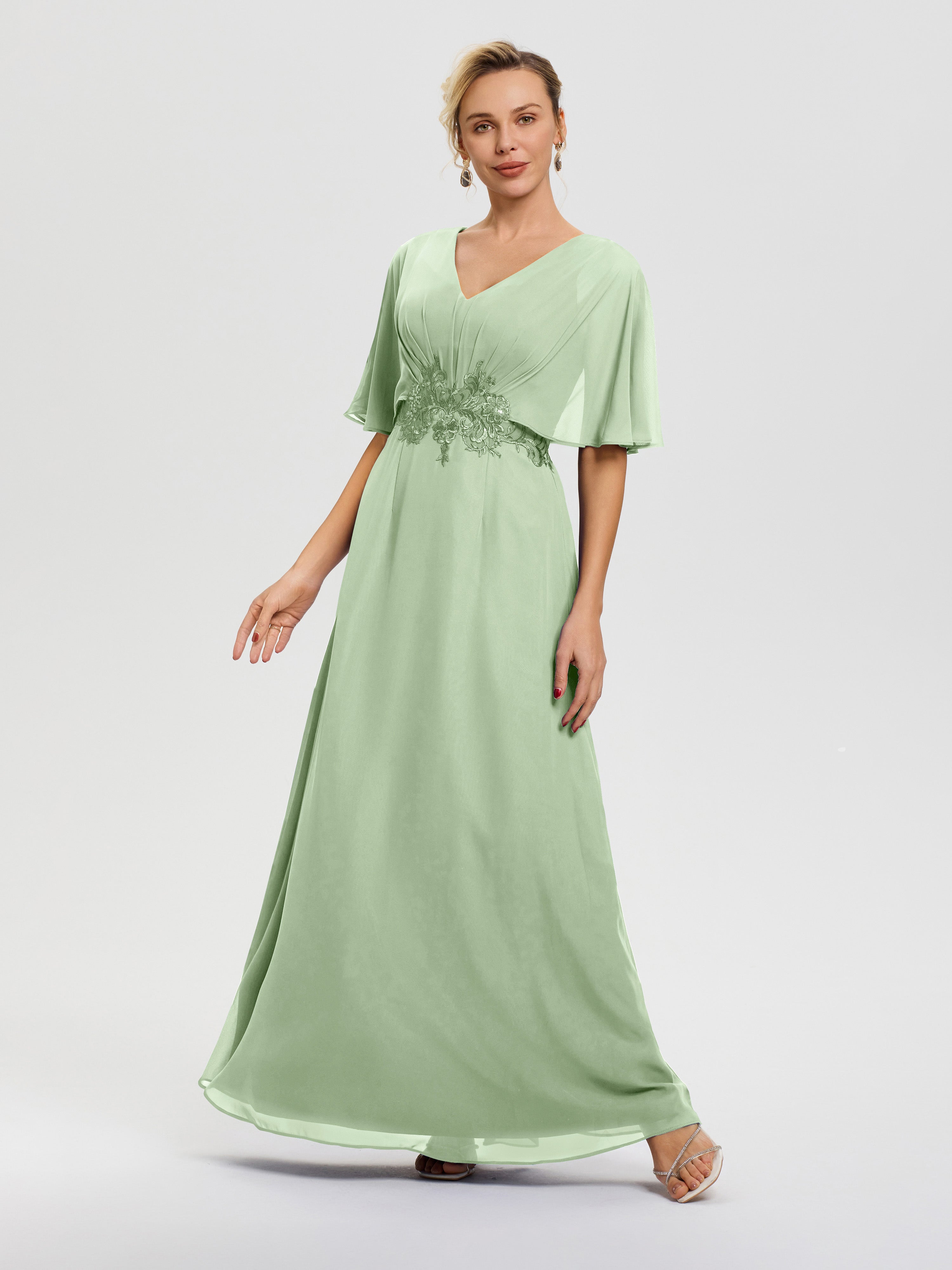 Mother Of The Bride Dresses Sage Green V-Neck Appliques A-Line Half Sl