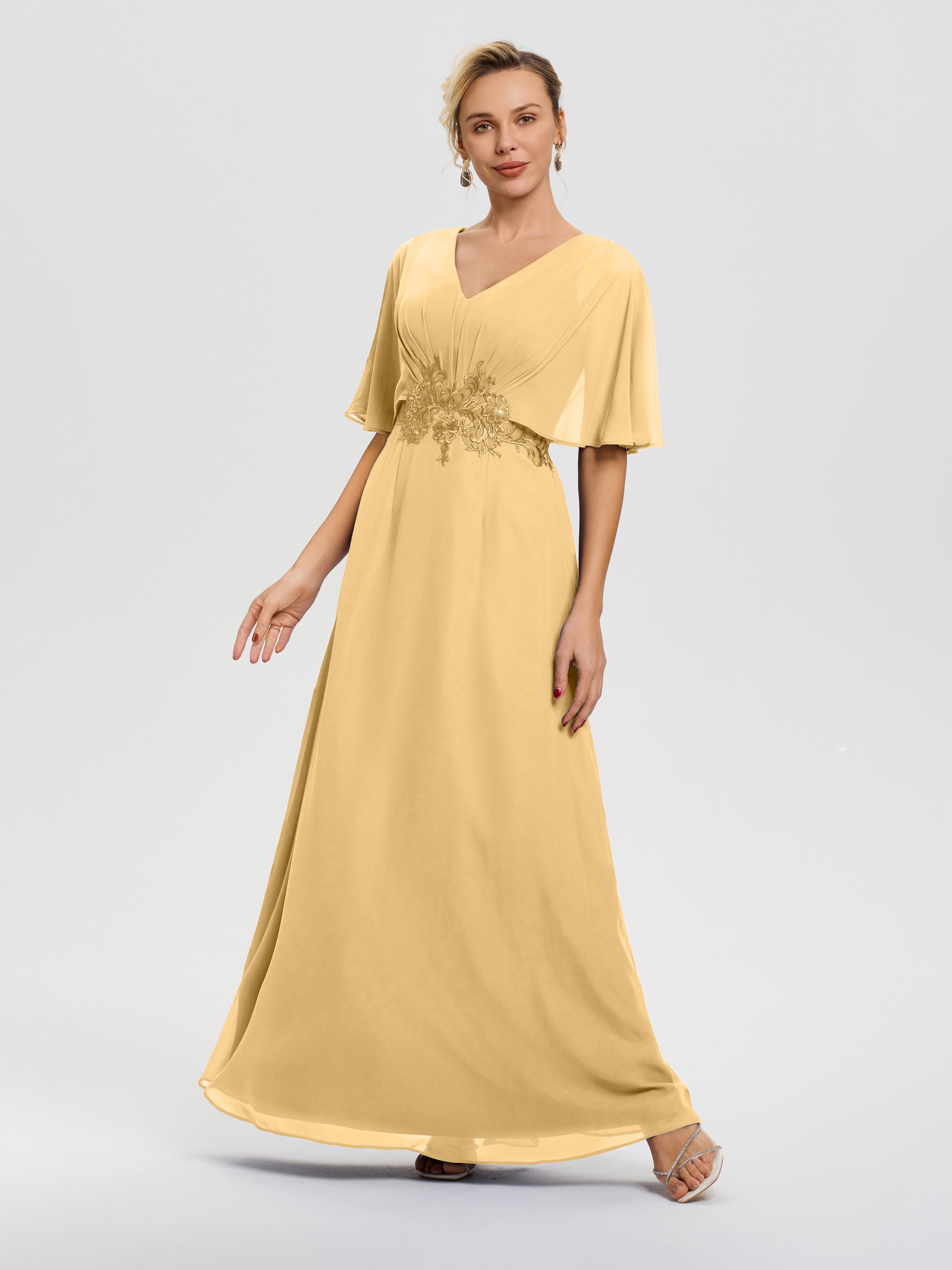 Mother Of The Bride Dresses Gold Chiffon V-Neck Appliques A-Line Half Mother Of The Bride Dresses Gold Chiffon V-Neck Appliques A-Line Half