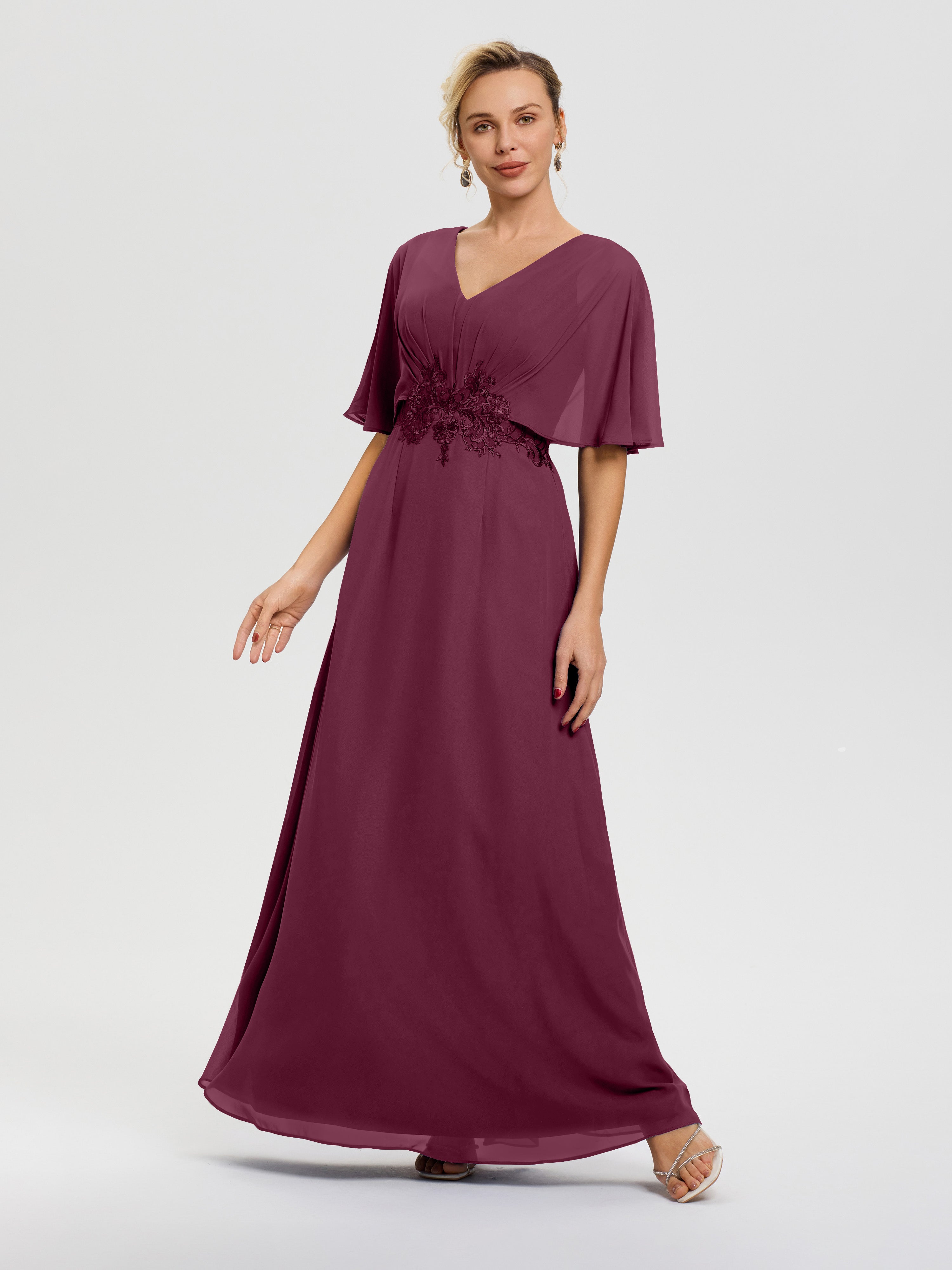 Wholesa A-Line V-Neck Long Sleeve Pleated Mulberry Mother of the Bride Dresses main image 0