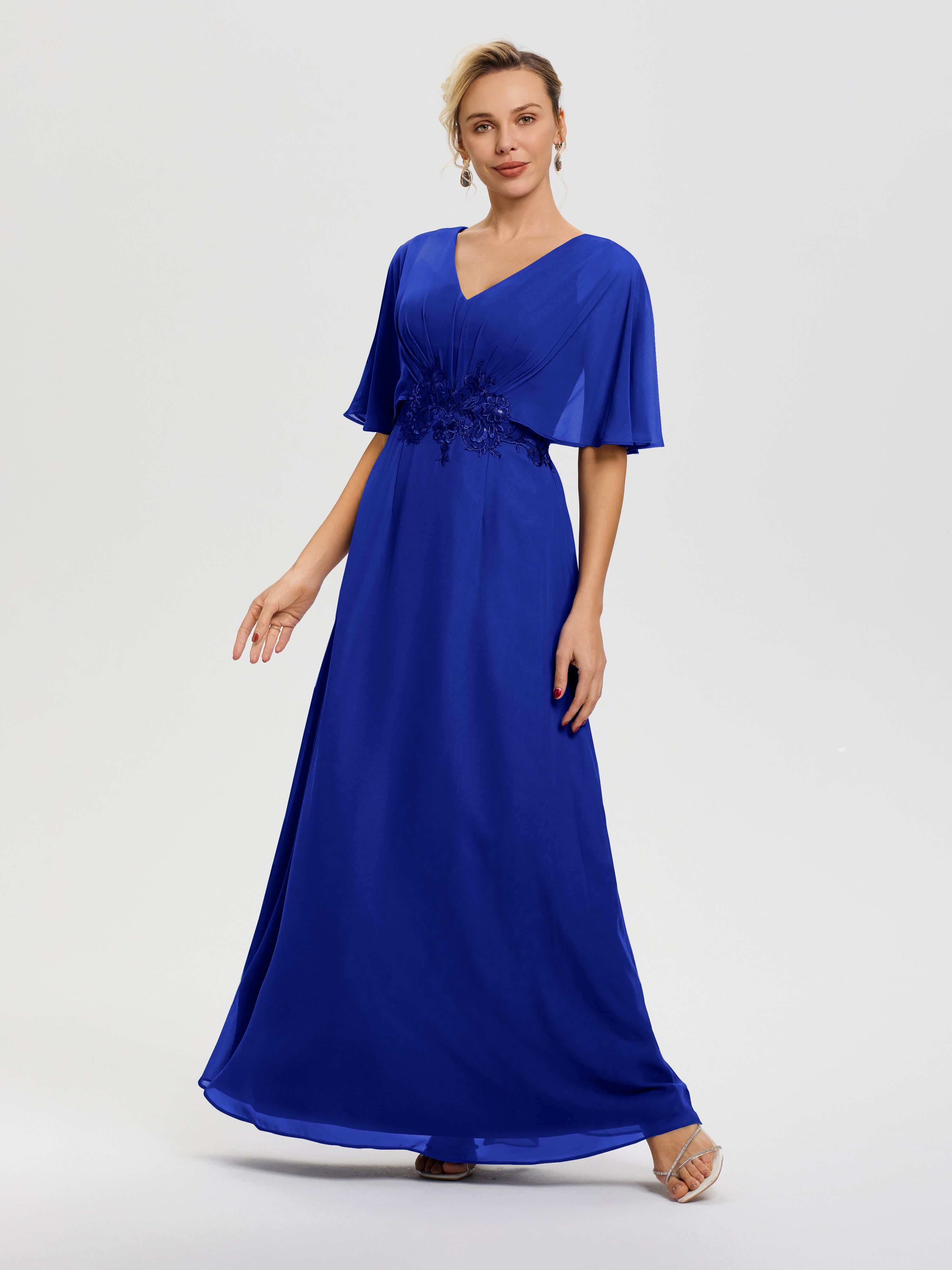 Mother Of The Bride Royal Blue Dresses V-Neck Appliques A-Line Half Sl