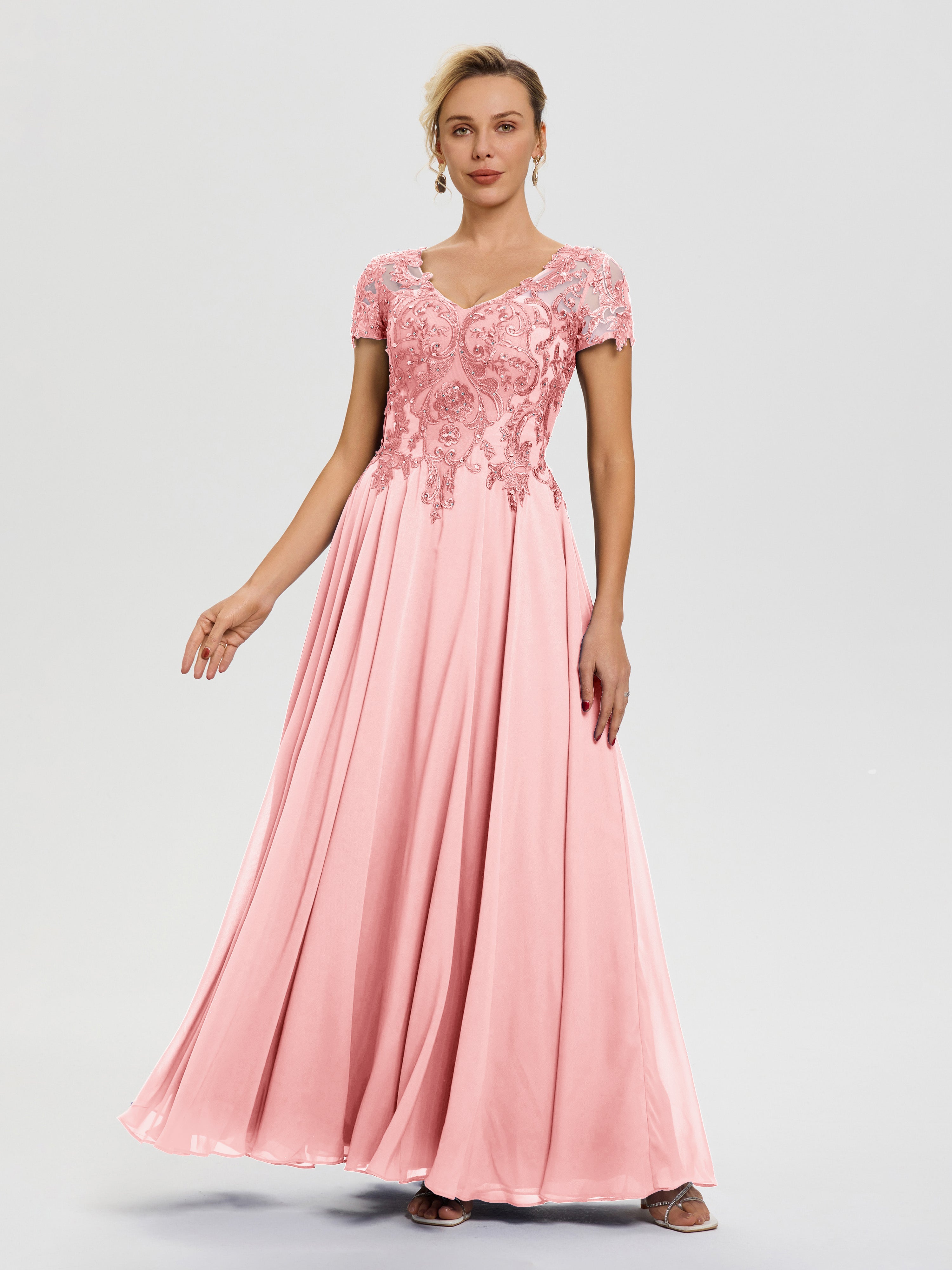 Blush Colored Dresses For Mother Of The Bride A-Line Lace Sleeves V-Ne
