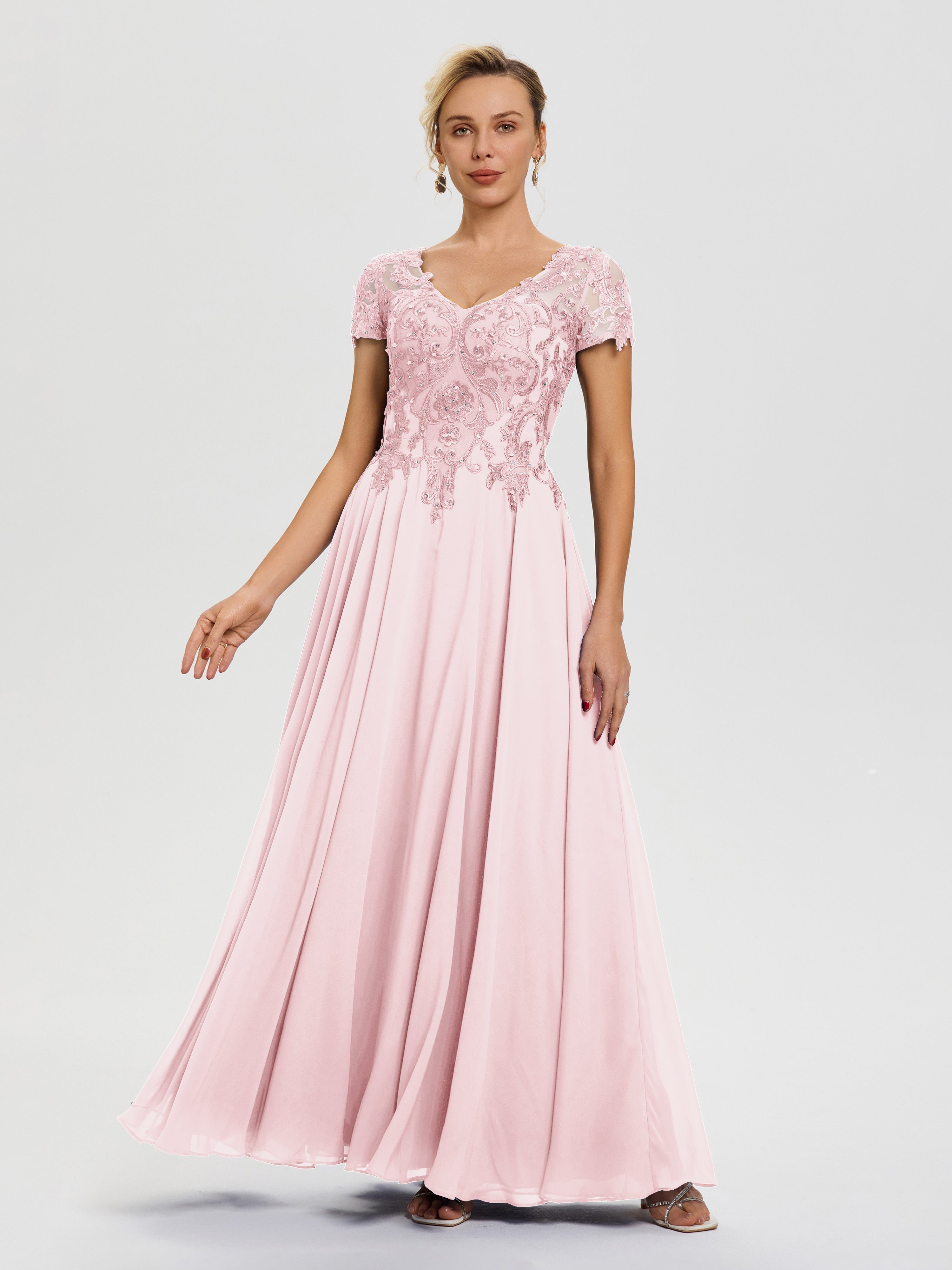 Blush Pink Mother Of Bride Dress A-Line Lace Sleeves V-Neck Long Chiff