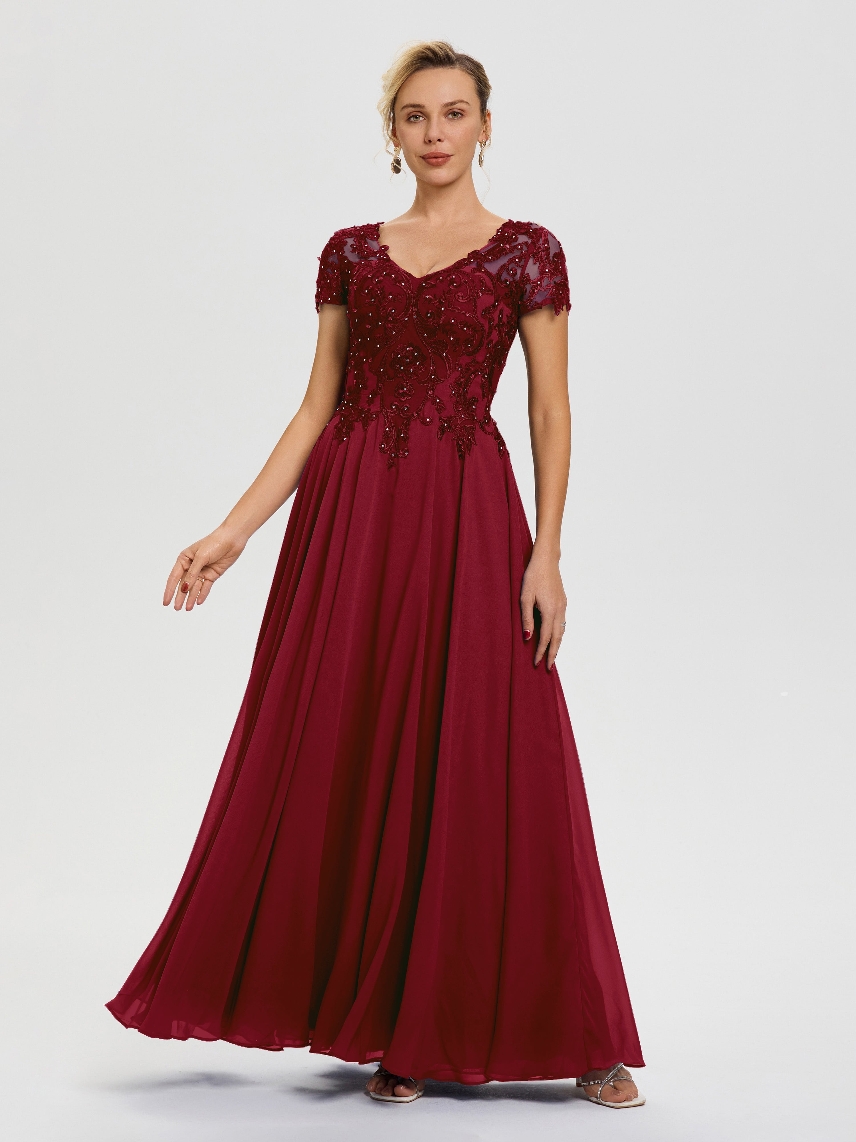Burgundy Mother Of The Bride Dress With Sleeves A-Line Lace Sleeves V- Burgundy Mother Of The Bride Dress With Sleeves A-Line Lace Sleeves V-