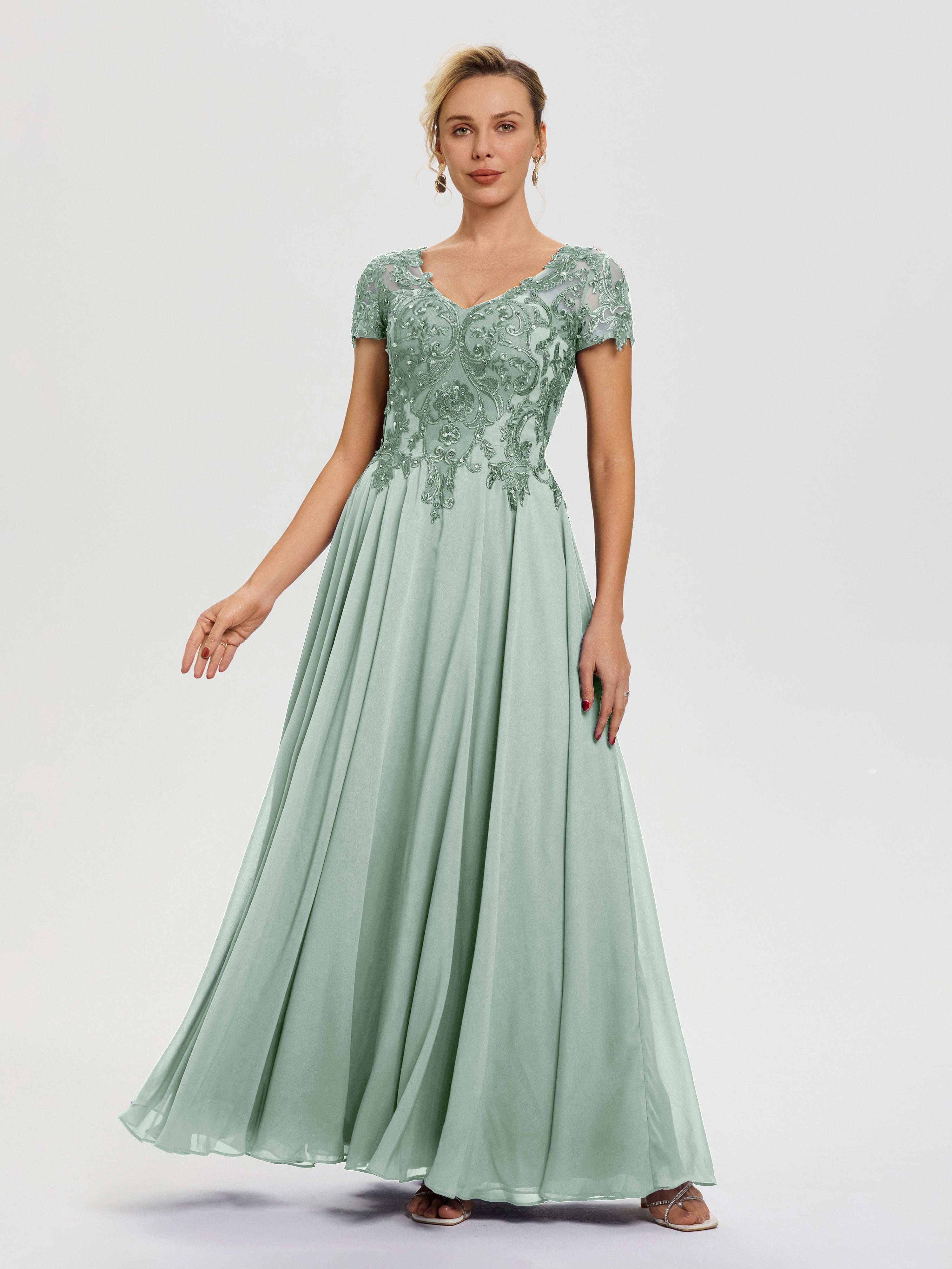 Cicinia Celadon Mother Of The Bride Dress Long Lace Chiffon A-line Tea Length Color Block Long Sleeves