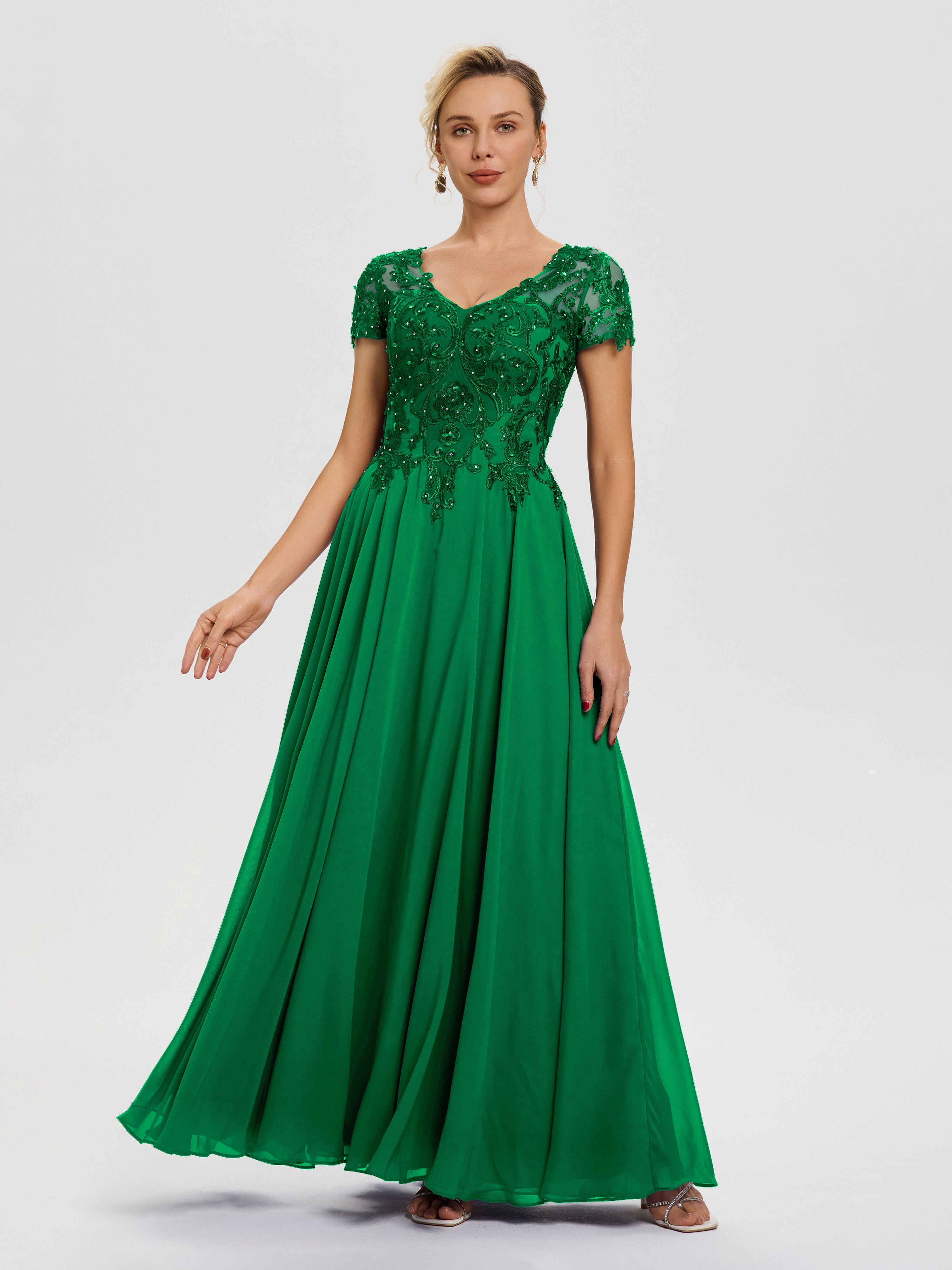 Emerald Green Mother Of The Groom Dresses A-Line Lace Sleeves V-Neck L