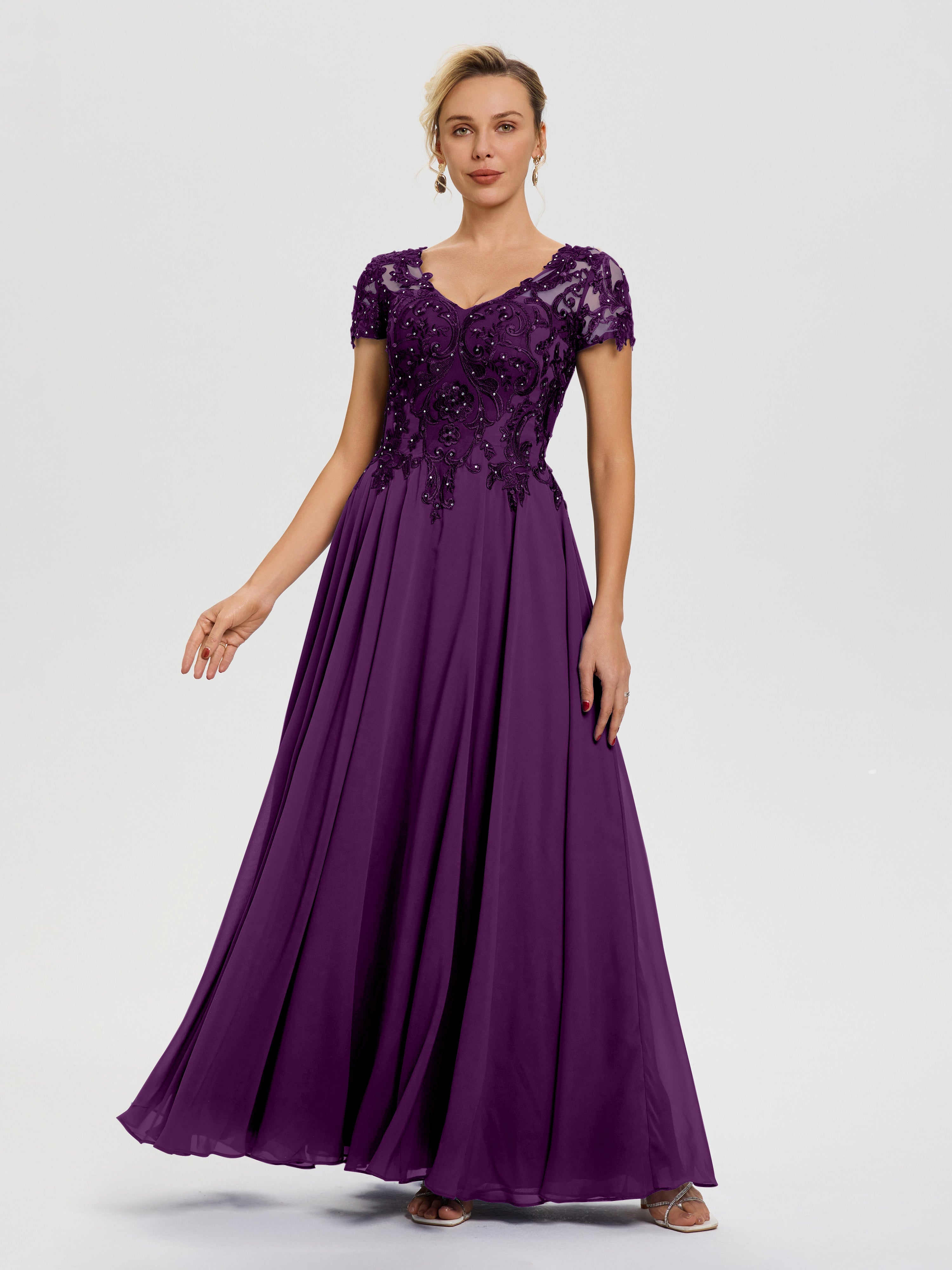 Grape Mother Of The Bride Dresses Near Me A-Line Lace Sleeves V-Neck L