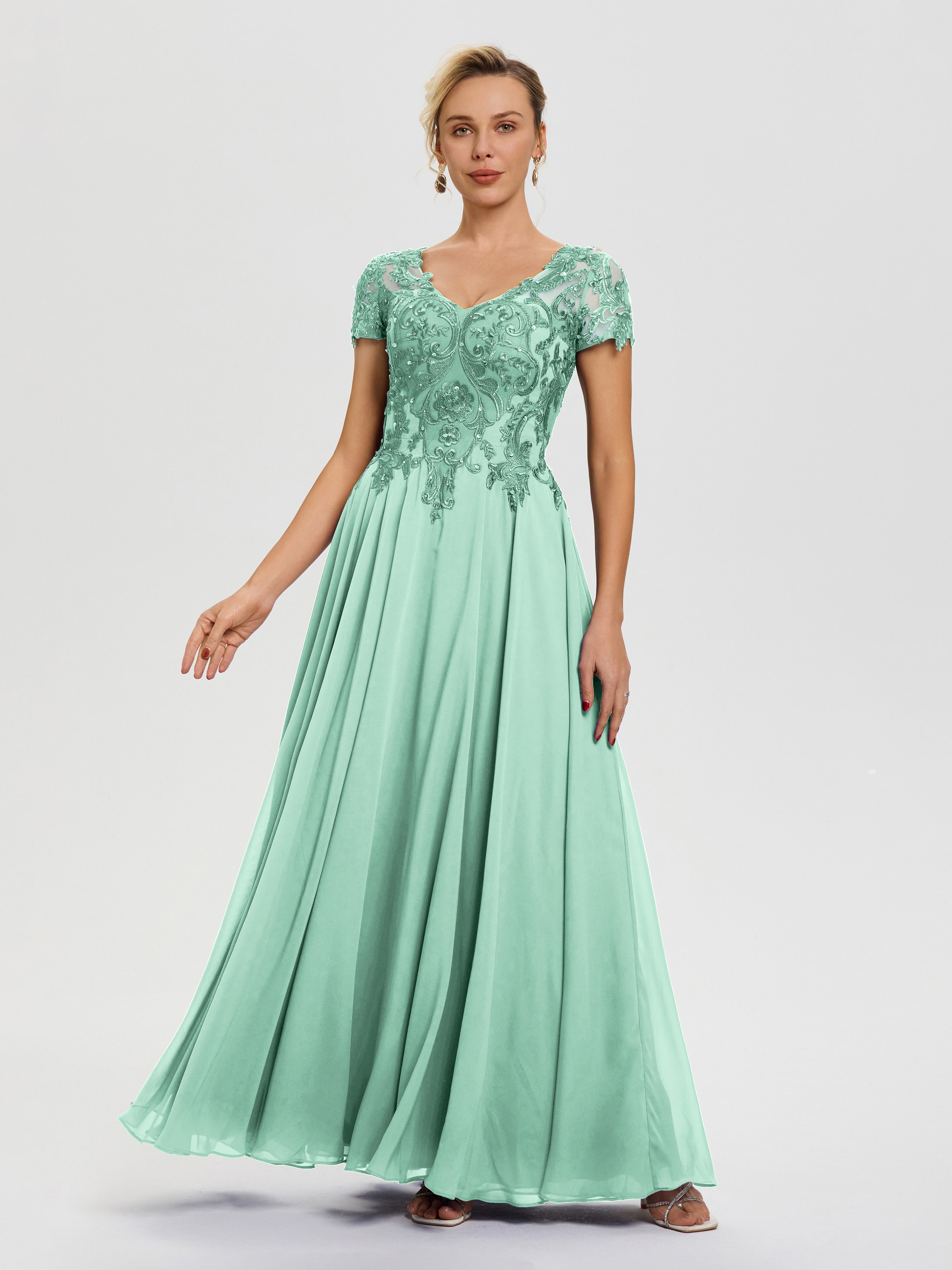 Green Dress Mother Of The Bride A-Line Lace Sleeves V-Neck Long Chiffon Mother Of The Bride Dress
