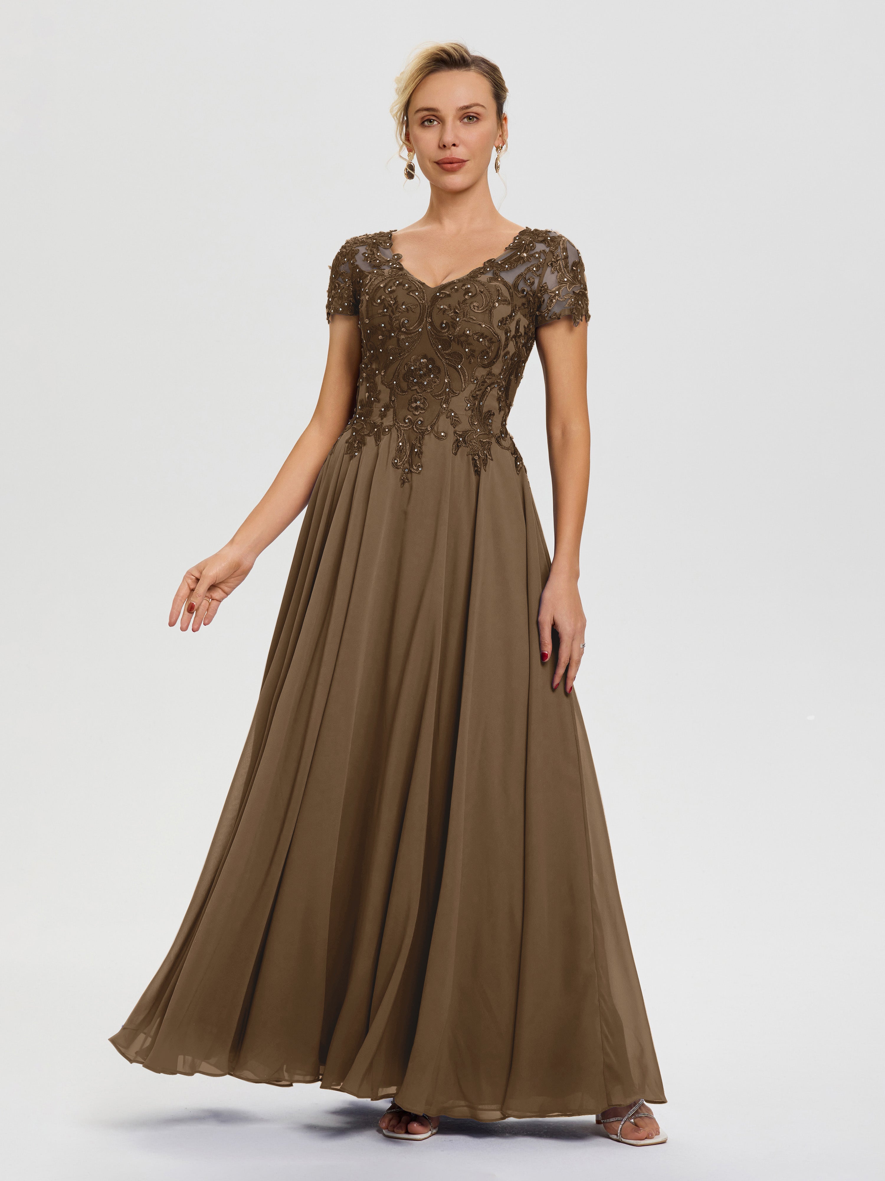 Mocha Mother Of The Bride Dress A-Line Lace Sleeves V-Neck Long Chiffon Mother Of The Bride Dress Mocha Mother Of The Bride Dress A-Line Lace Sleeves V-Neck Long Chiffon Mother Of The Bride Dress