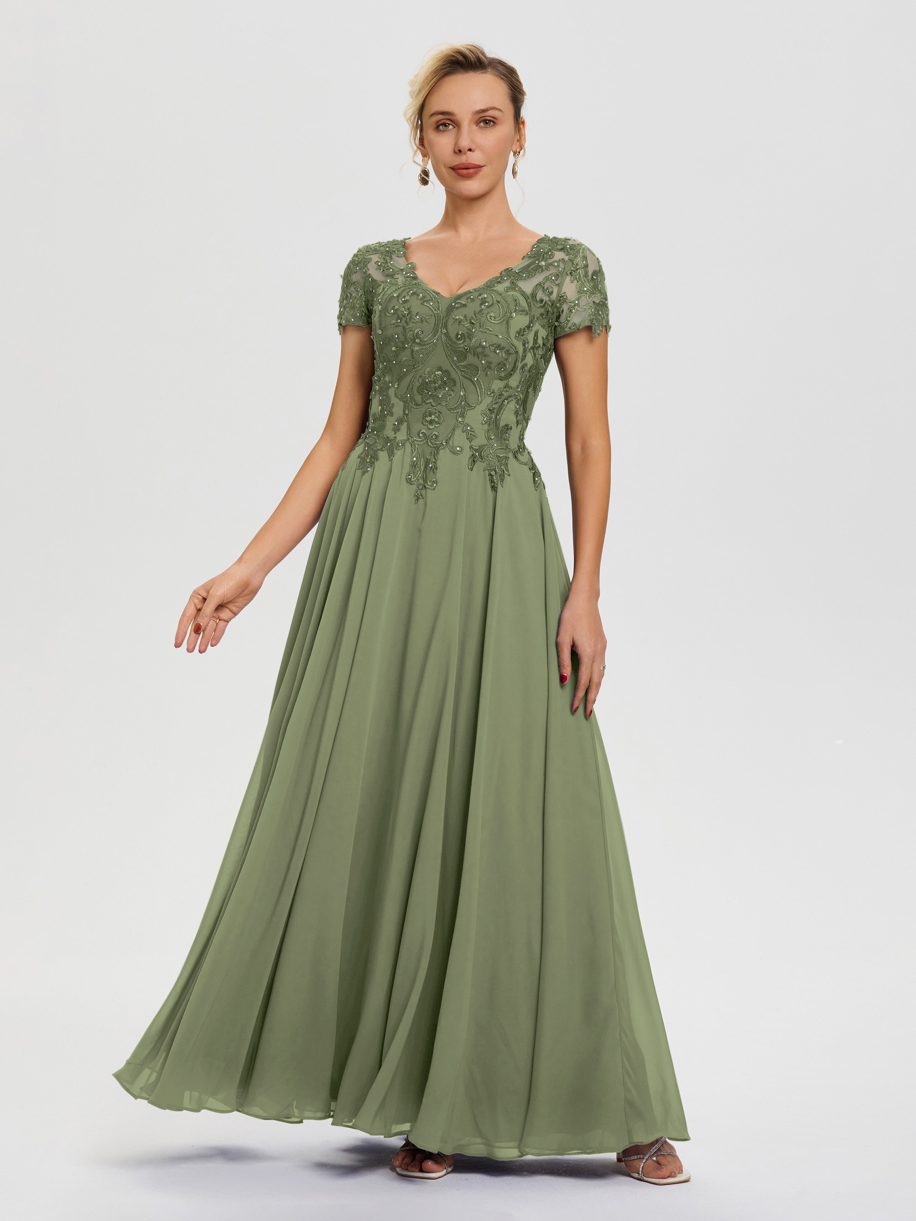 Mother Of The Bride Dresses Olive Green A-Line Lace Sleeves V-Neck Lon