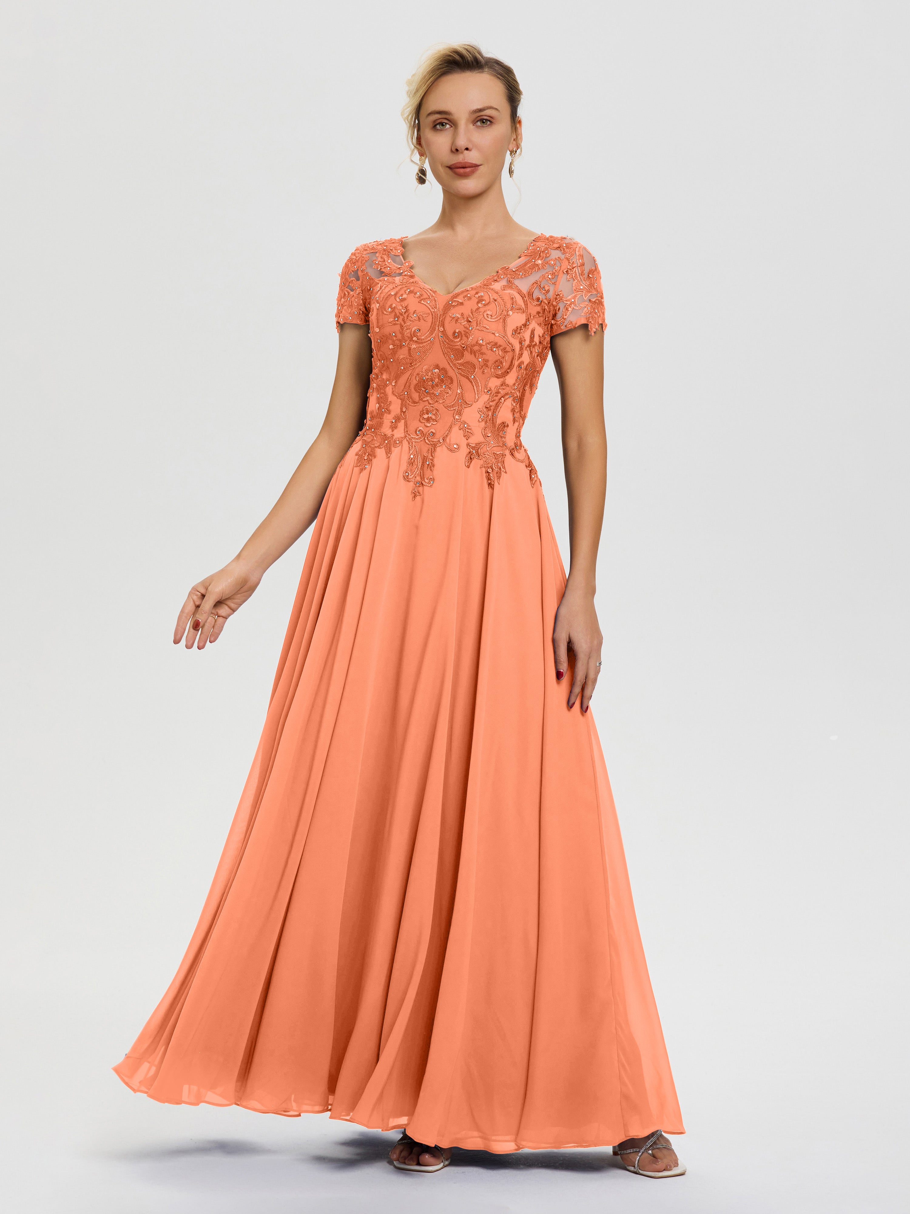 Papaya Colored Mother Of The Bride Dresses A-Line Lace Sleeves V-Neck Papaya Colored Mother Of The Bride Dresses A-Line Lace Sleeves V-Neck