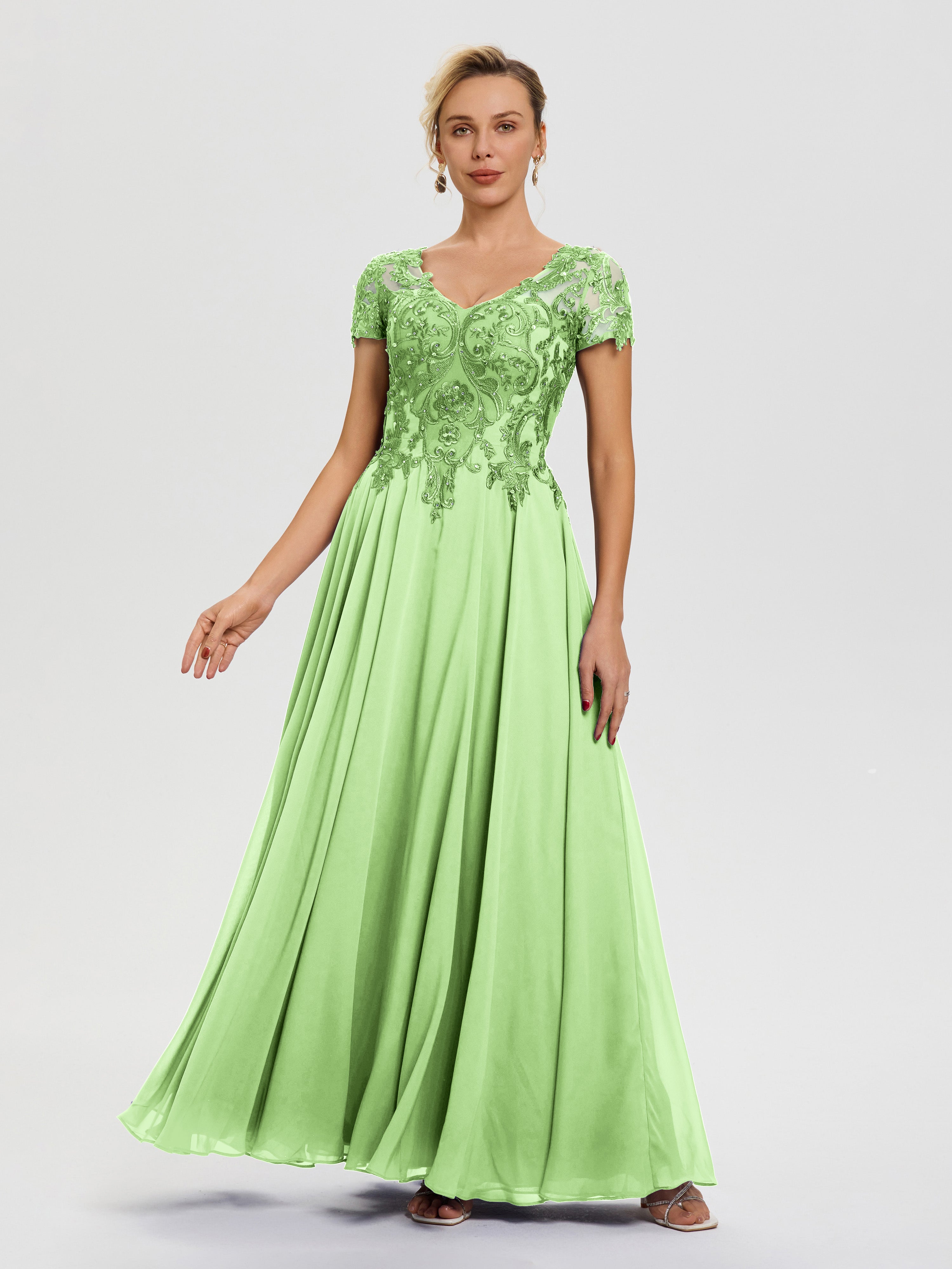 Sage Green Mother Of The Bride Dresses A-Line Lace Sleeves V-Neck Long
