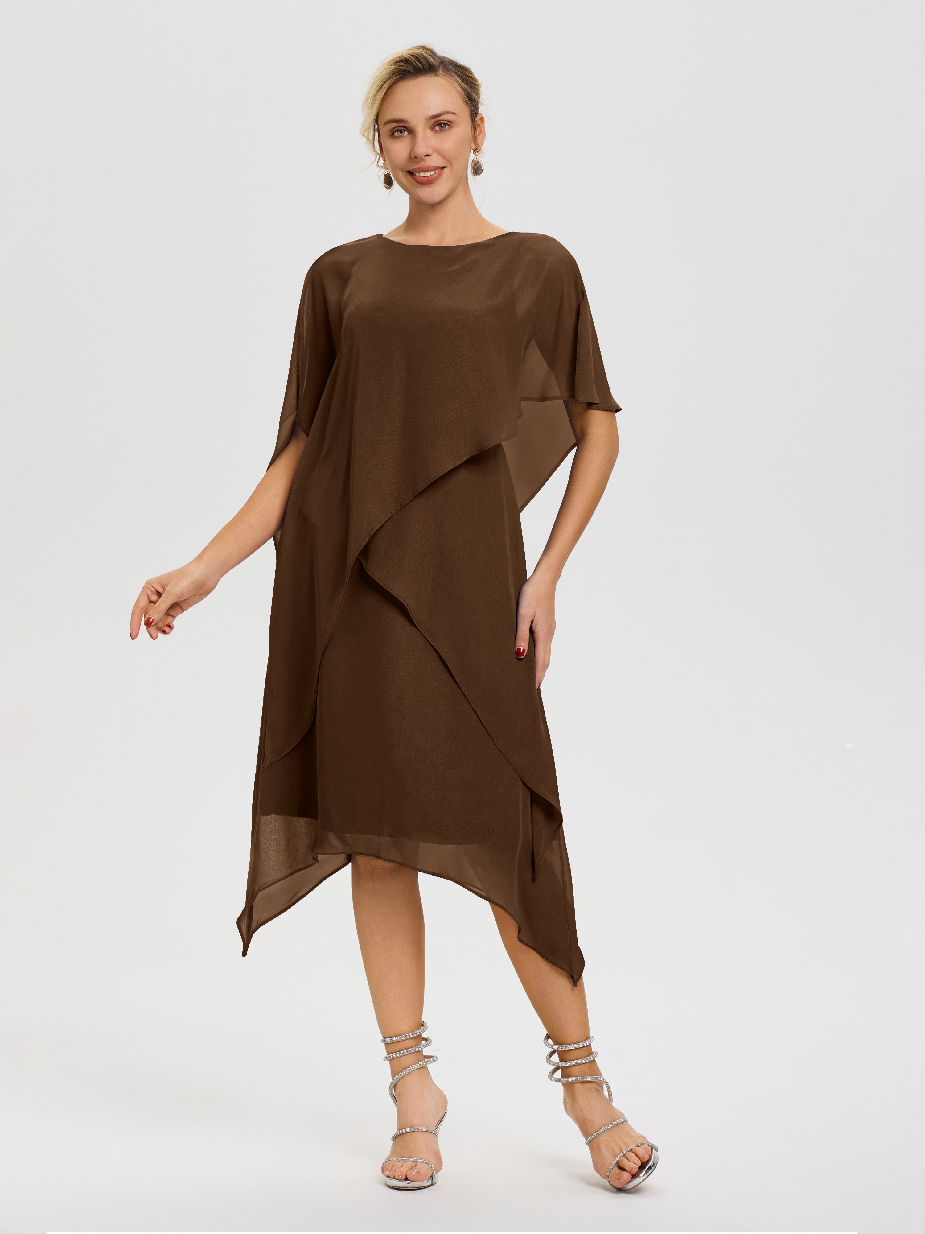 Brown Mother Of The Groom Dress Elegant Jewel A-Line Sleeves V-Neck Knee Length Chiffon Mother Of The Bride Dress Brown Mother Of The Groom Dress Elegant Jewel A-Line Sleeves V-Neck Knee Length Chiffon Mother Of The Bride Dress