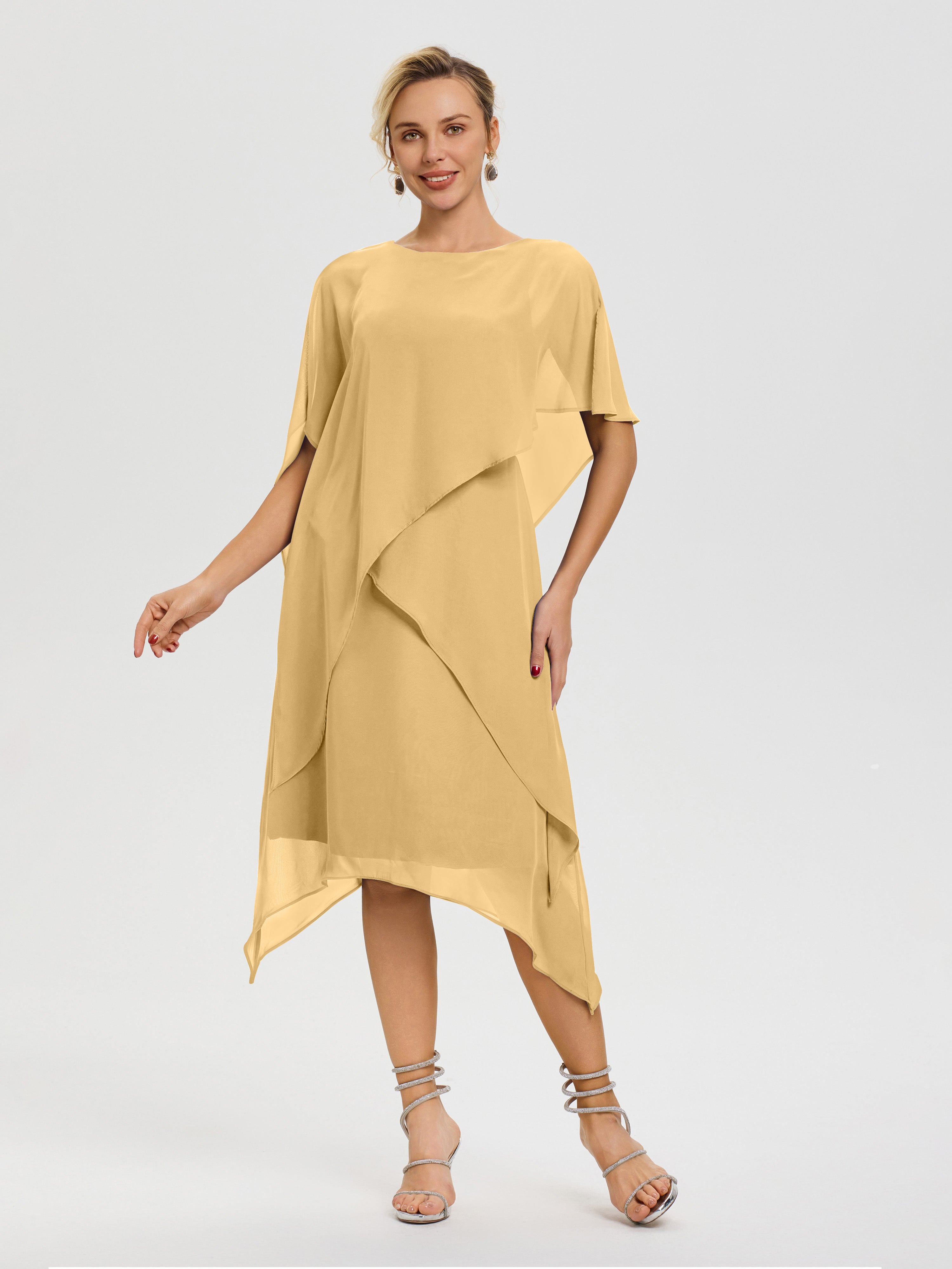 Mother Of The Bride Gold Dress Elegant Jewel A-Line Sleeves V-Neck Kne