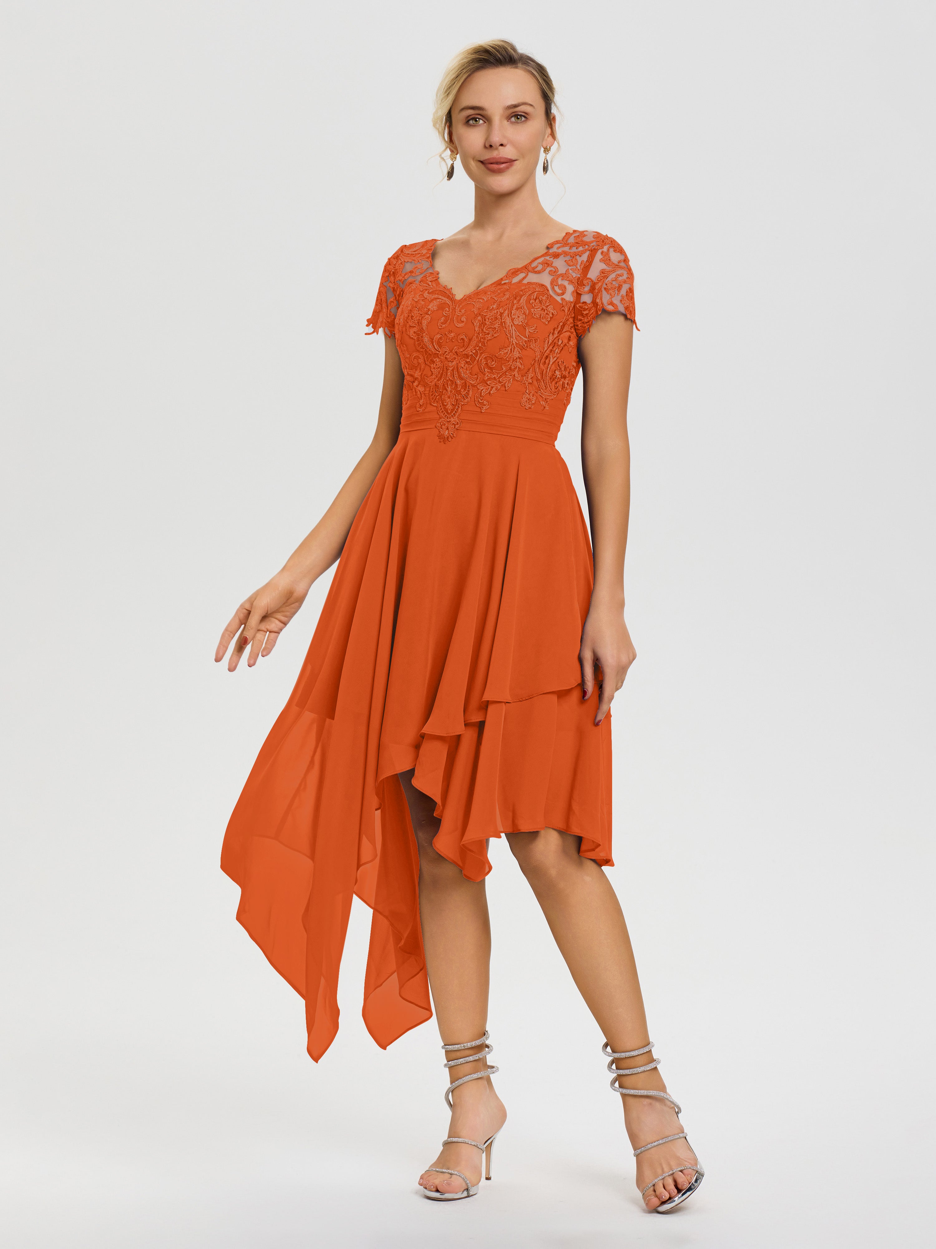 Burnt Orange Mother Of The Bride Asymmetrical Sleeves A-Line V-Neck La