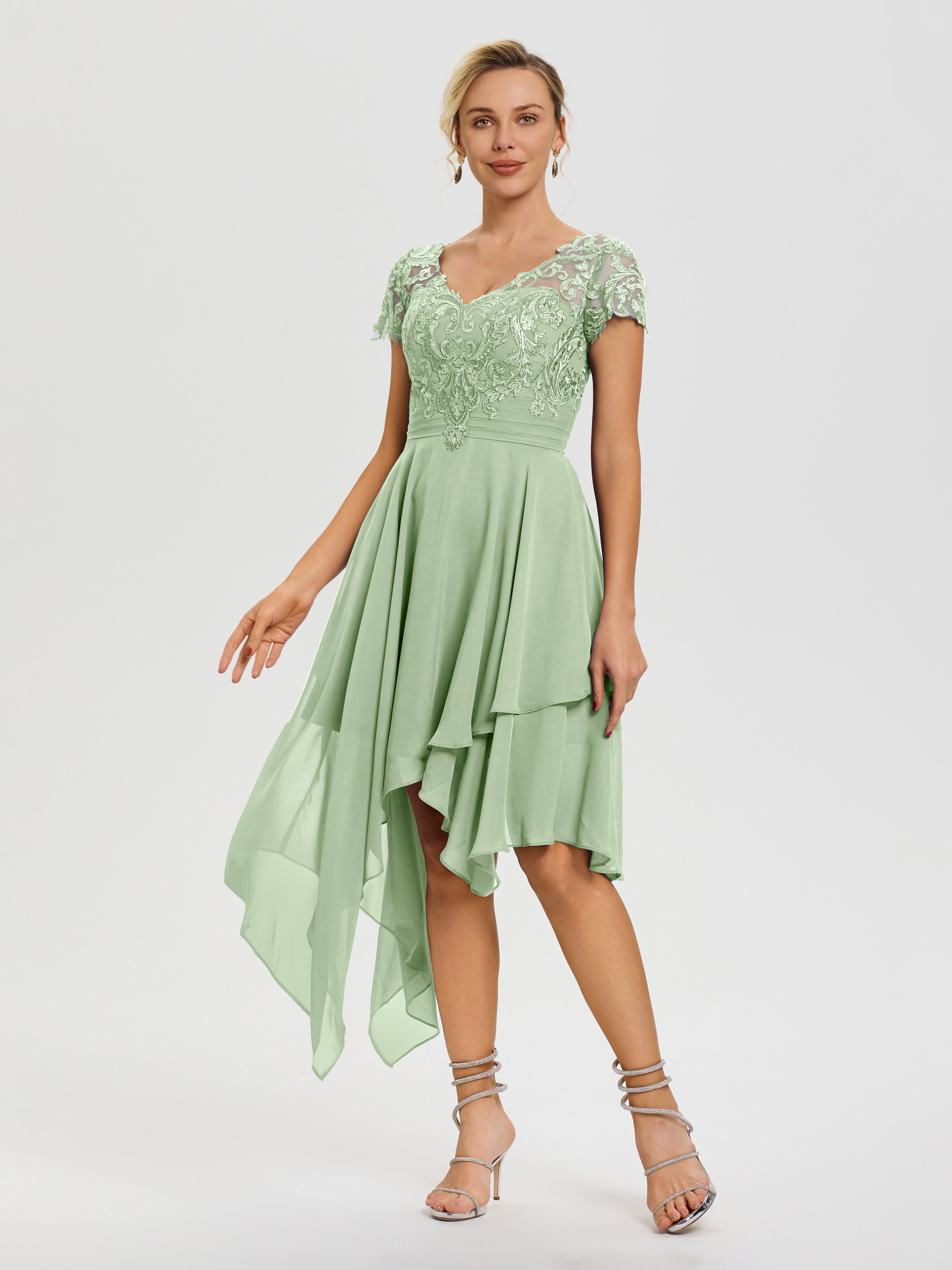 Dusty Sage Green Mother Of The Bride Dress Asymmetrical Sleeves A-Line