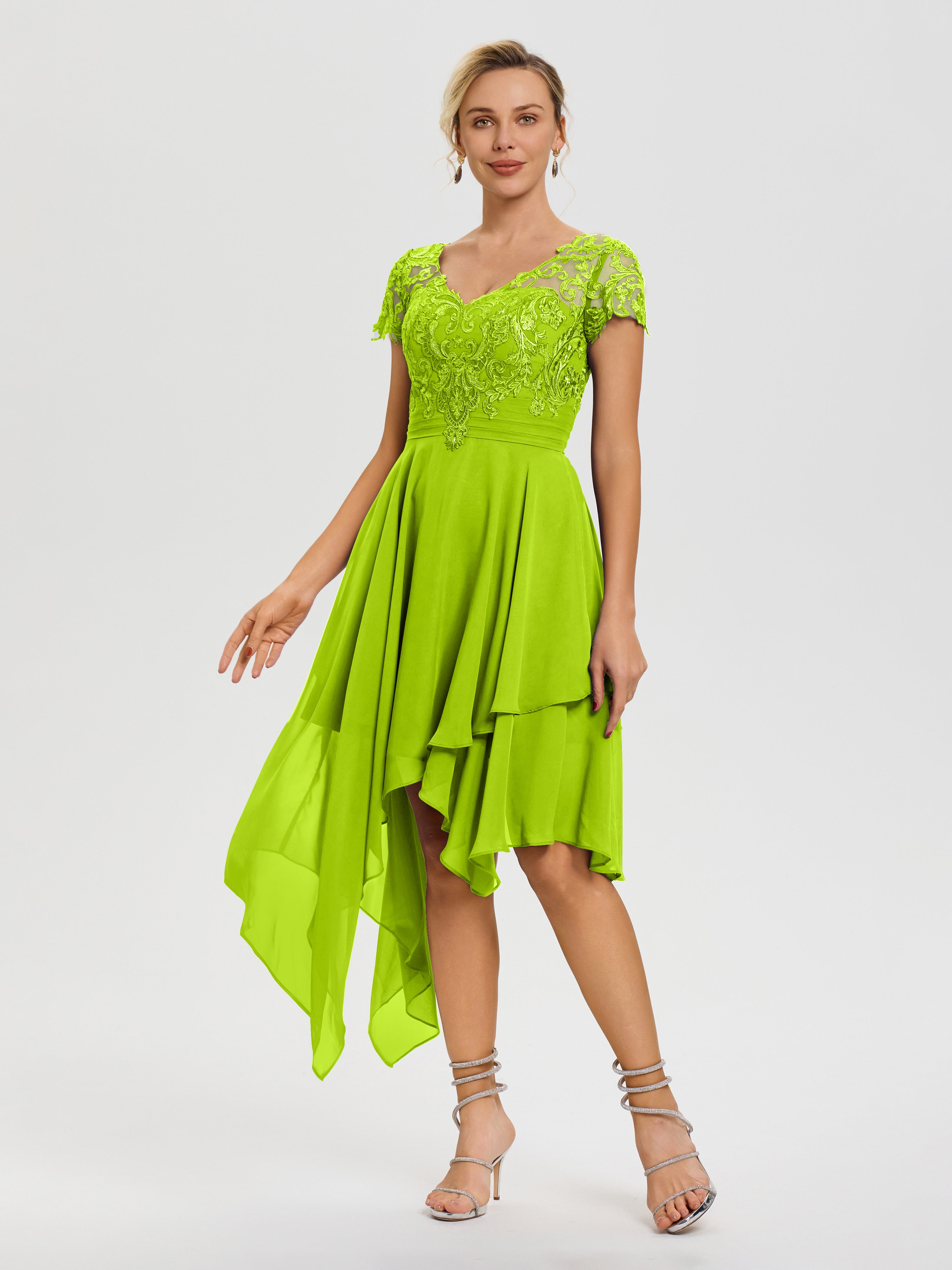 Lime Green Mother Of The Bride Dress Asymmetrical Sleeves A-Line V-Nec Lime Green Mother Of The Bride Dress Asymmetrical Sleeves A-Line V-Nec