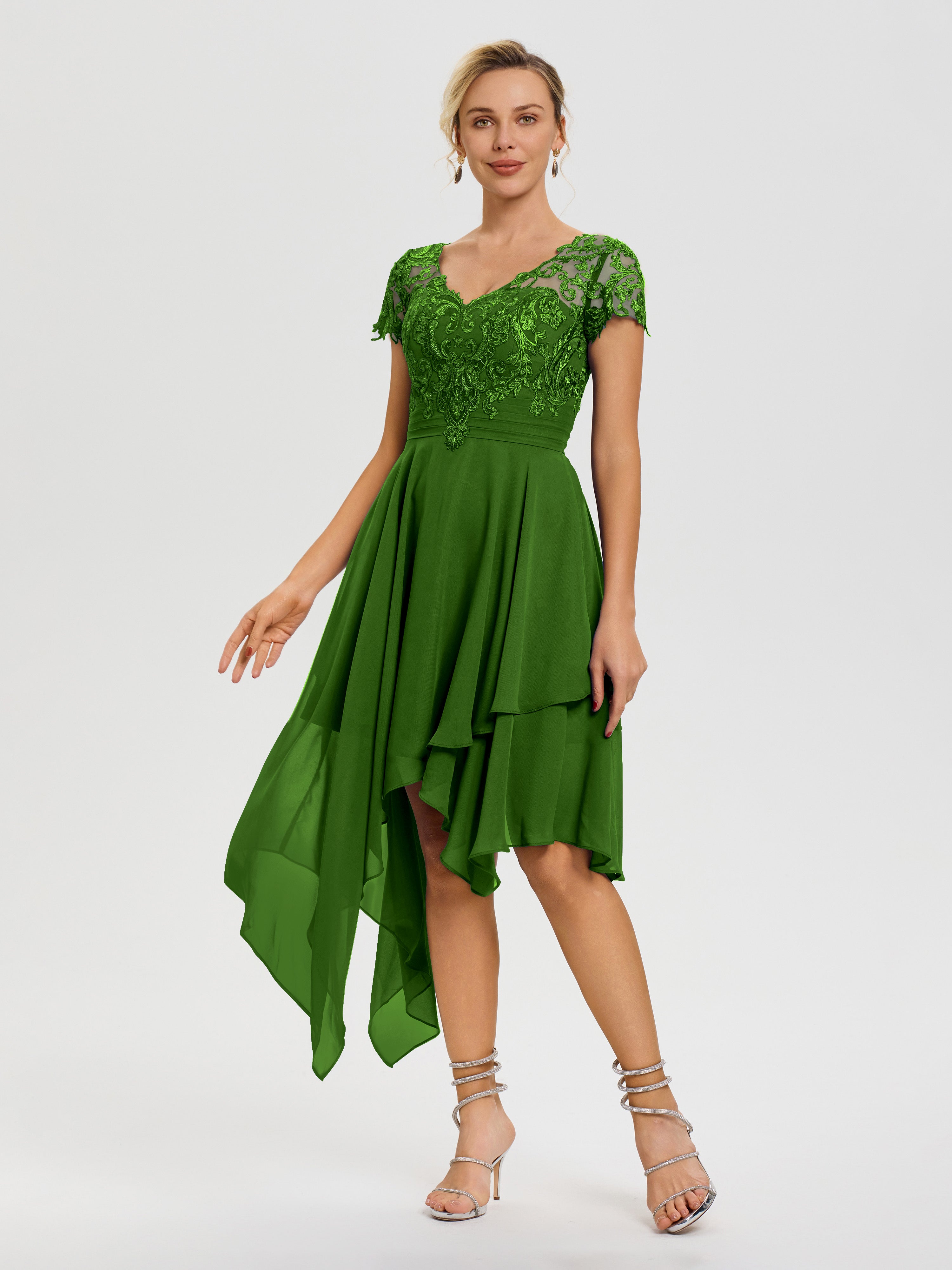 Moss Green Mother Of The Bride Dress Asymmetrical Sleeves A-Line V-Nec Moss Green Mother Of The Bride Dress Asymmetrical Sleeves A-Line V-Nec