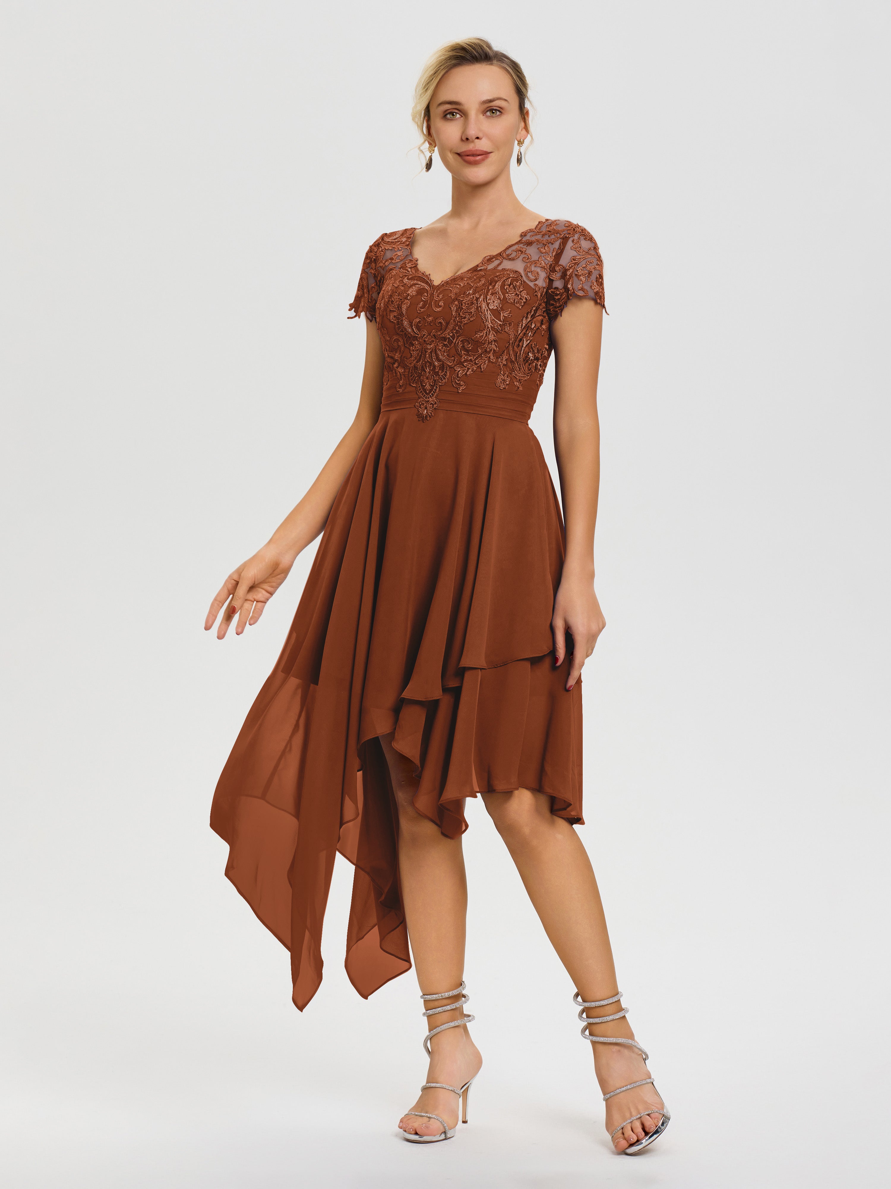 Cara Classic A-line V-neck Short Sleeves Sequin Asymmetrical Tulle Mother of the Bride Dresses main image 1