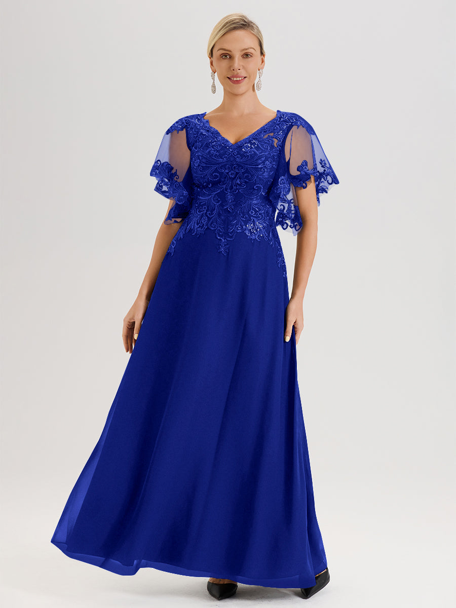 Cicinia Royal Blue Mother Of The Groom Dresses Chiffon V-Neck Lace Flo