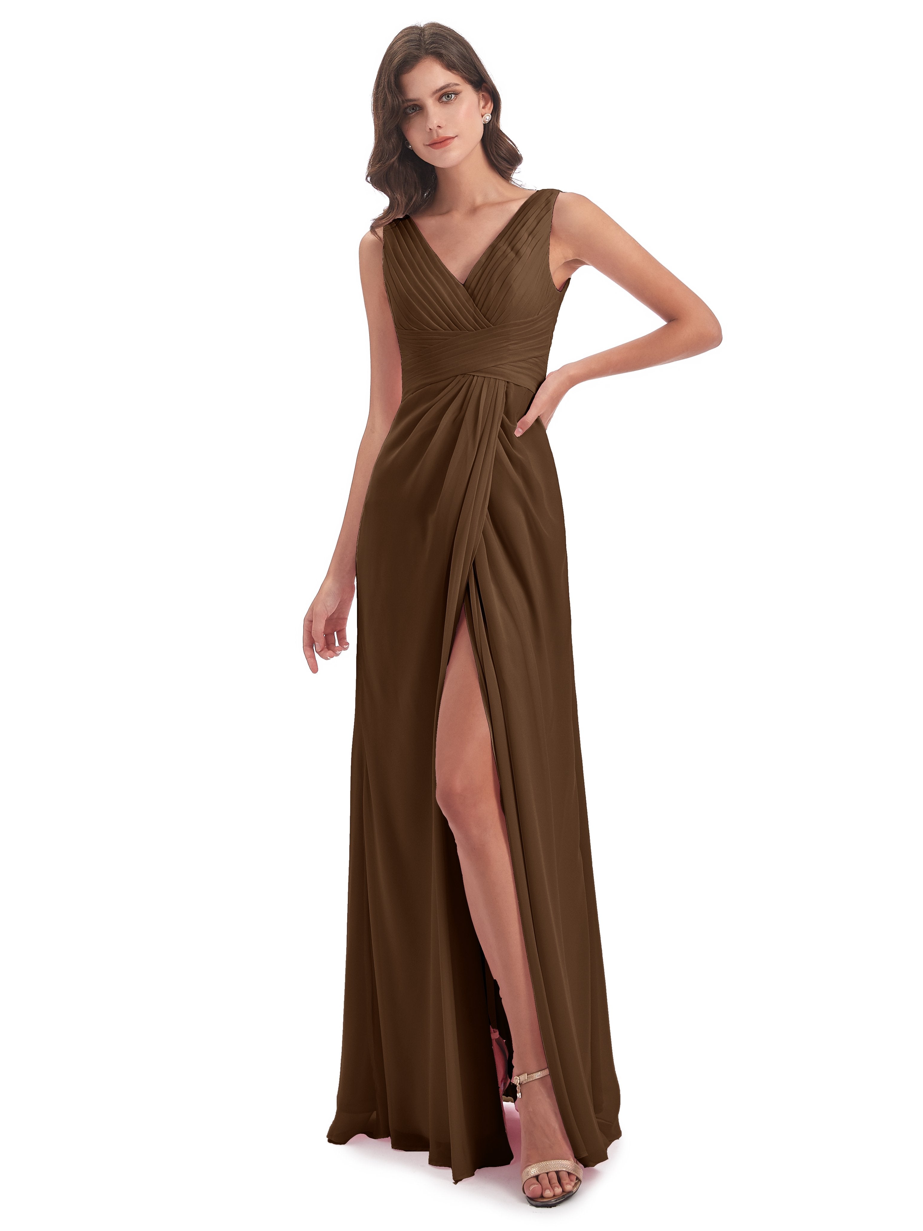 Dark Brown Bridesmaid Unique V Neck Long Chiffon Bridesmaid Dresses
