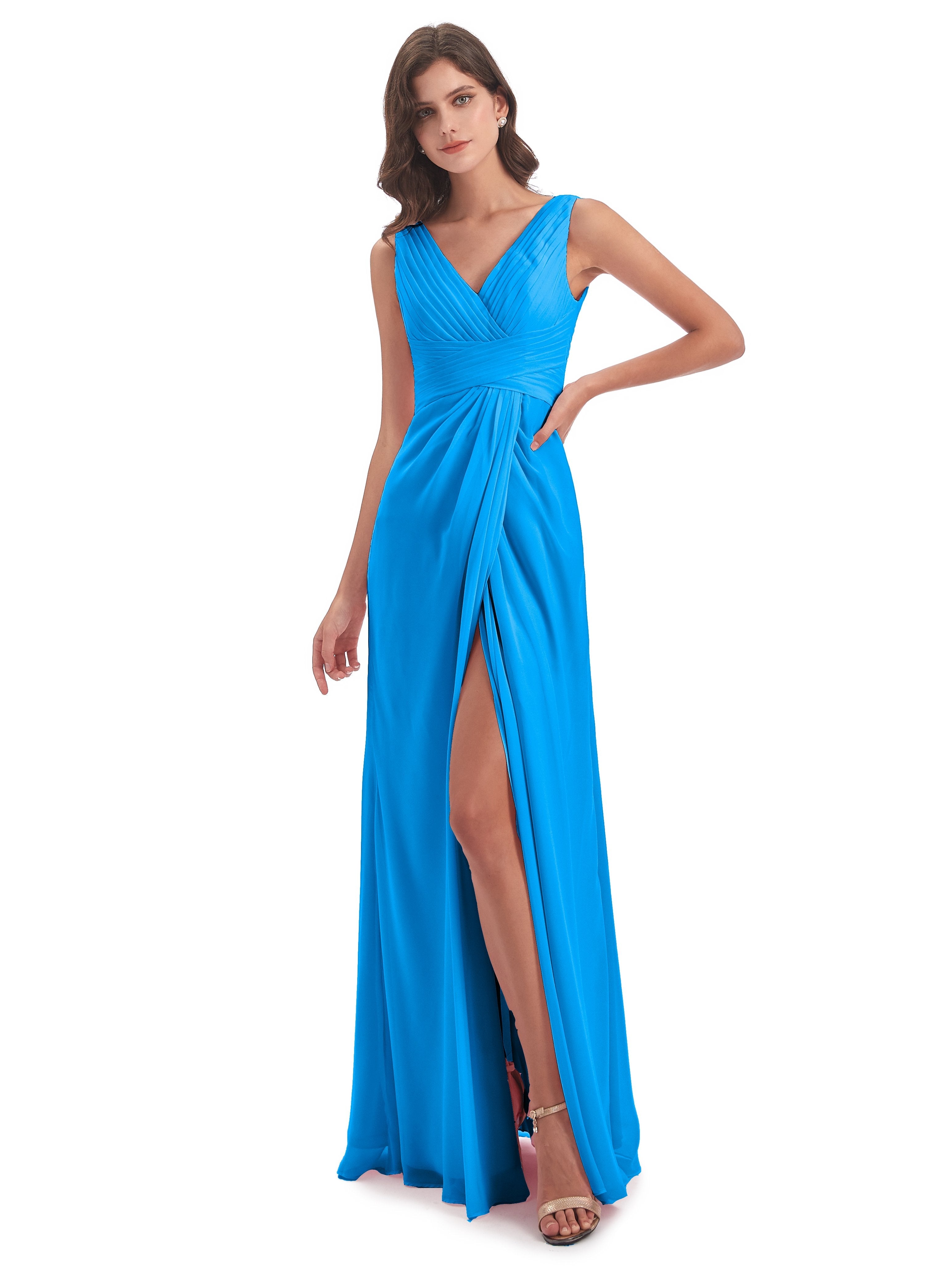 Ocean Blue Color Bridesmaid Dresses Unique V Neck Long Chiffon Bridesm