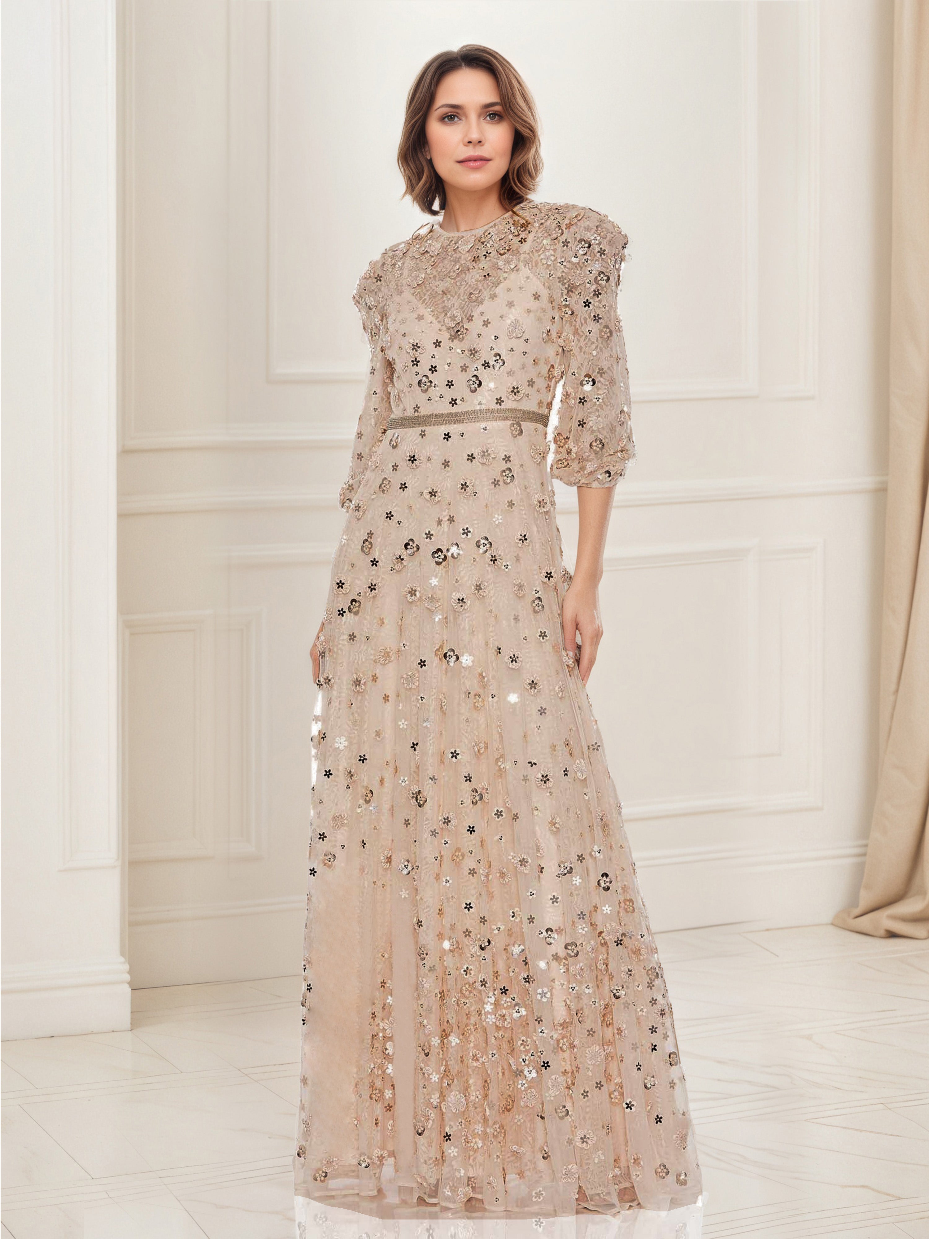 Champagne Women's Dress Floral Appliques 3/4 Sleeve A-Line Prom Dress Champagne Women's Dress Floral Appliques 3/4 Sleeve A-Line Prom Dress