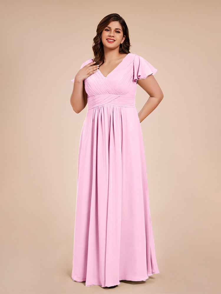 Candy Pink Bridesmaid Dresses Uk V-Neck Pleats Sleeves Chiffon Plus Si