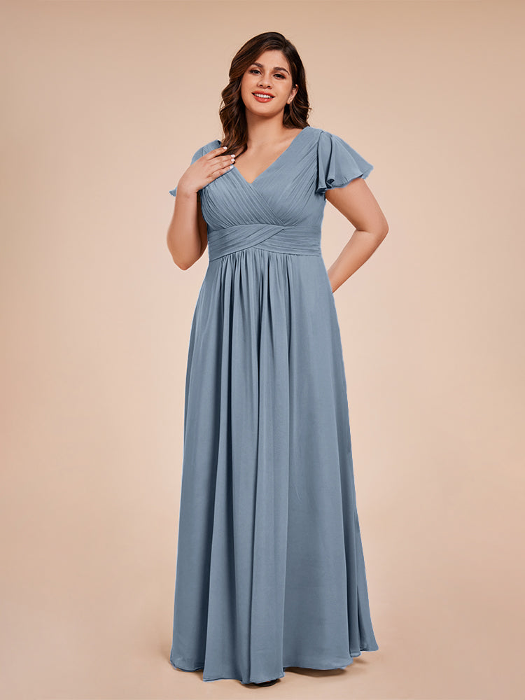 Dusty Blue Bridesmaid Dress V-Neck Pleats Sleeves Chiffon Plus Size Br