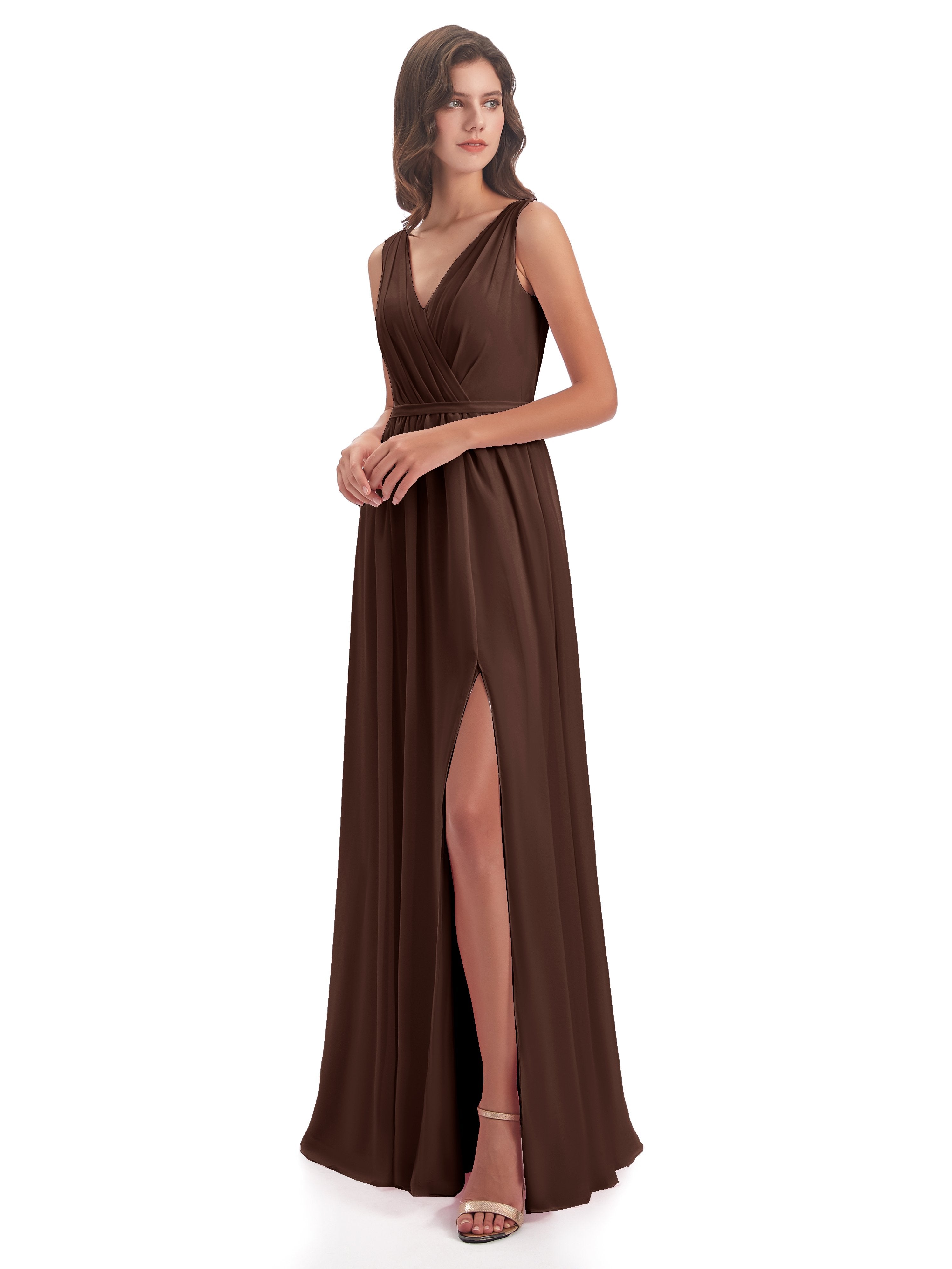 Chocolate Brown Bridesmaid Dresses Charming V Neck Long Chiffon Brides