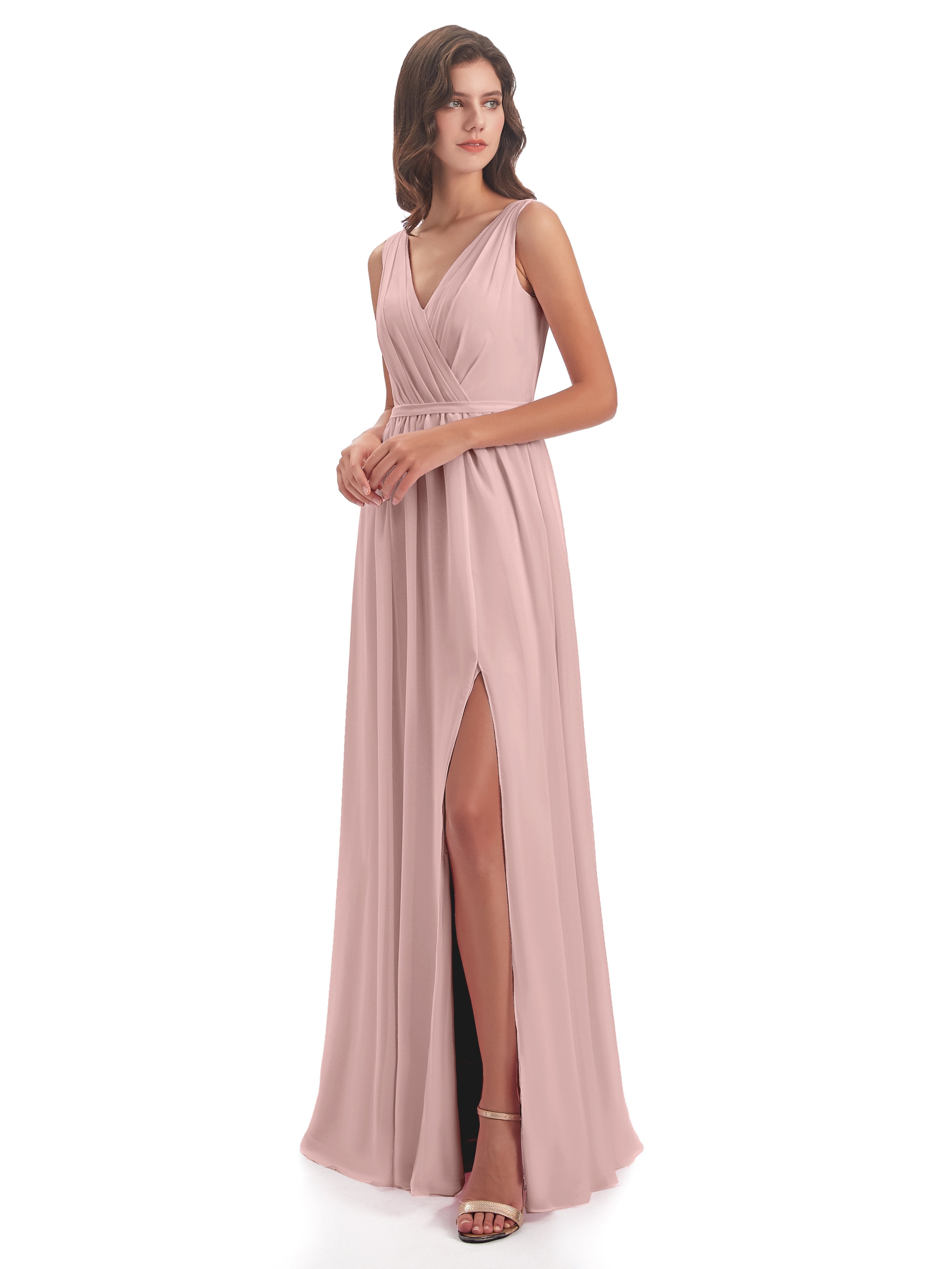 Dusty Rose Bridesmaids Dresses Charming V Neck Long Chiffon Bridesmaid