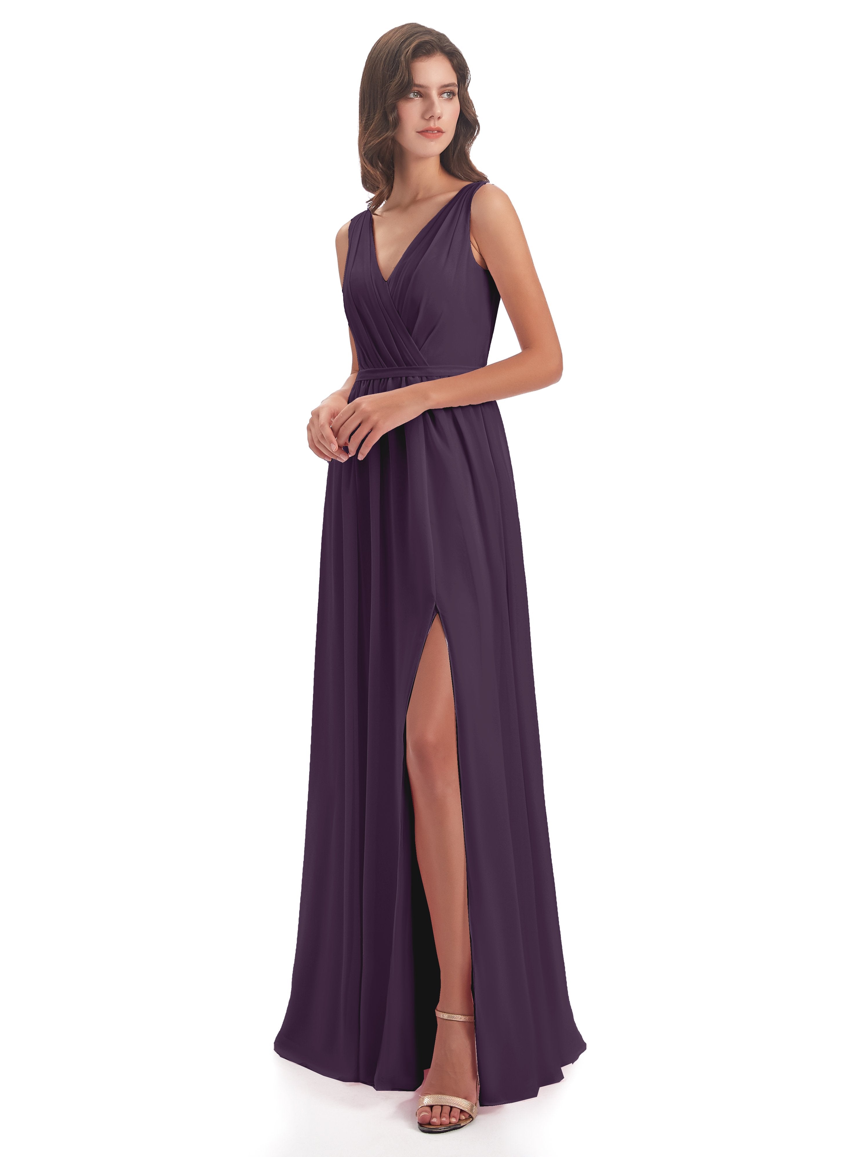Plum Coloured Bridesmaid Dresses Charming V Neck Long Chiffon Bridesma