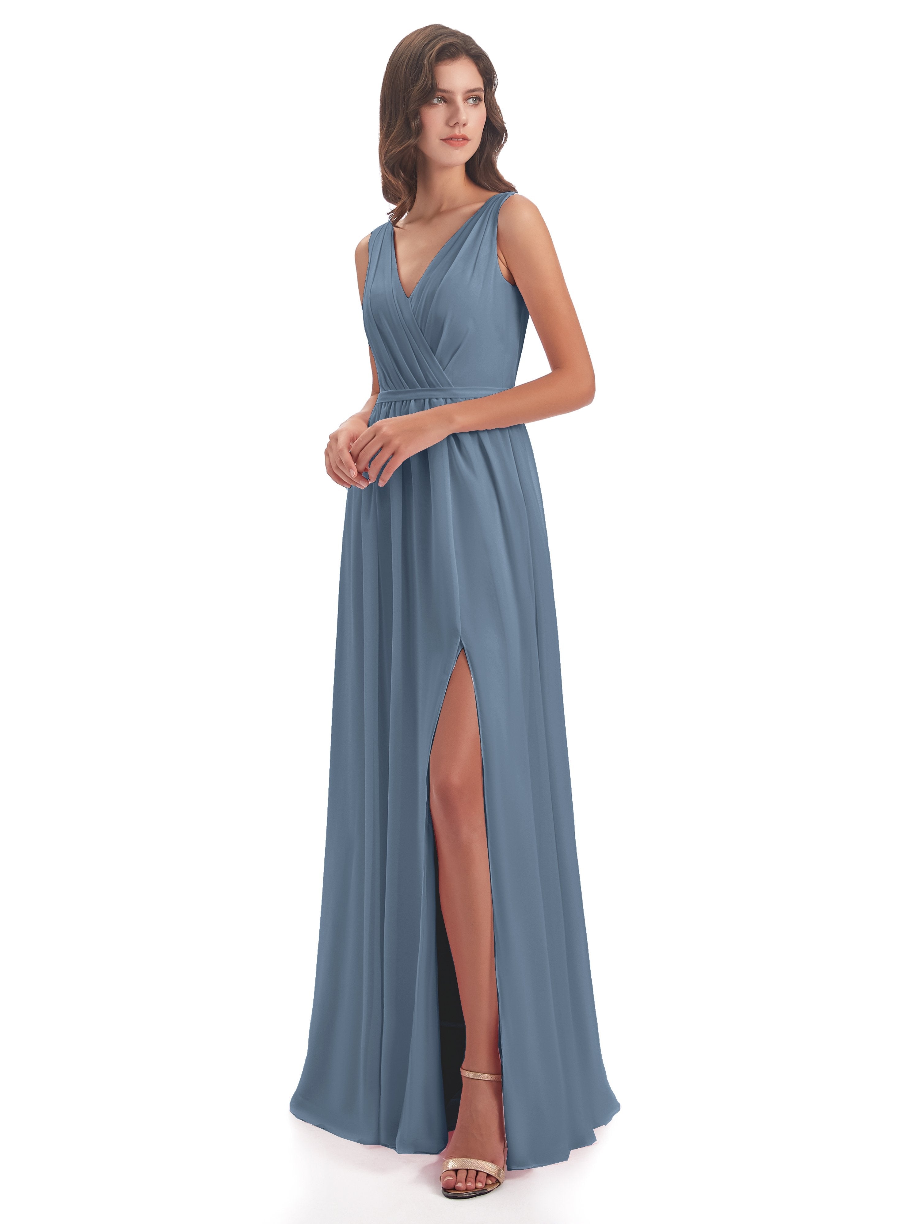 Slate Blue Bridesmaid Dress Charming V Neck Long Chiffon Bridesmaid Dr
