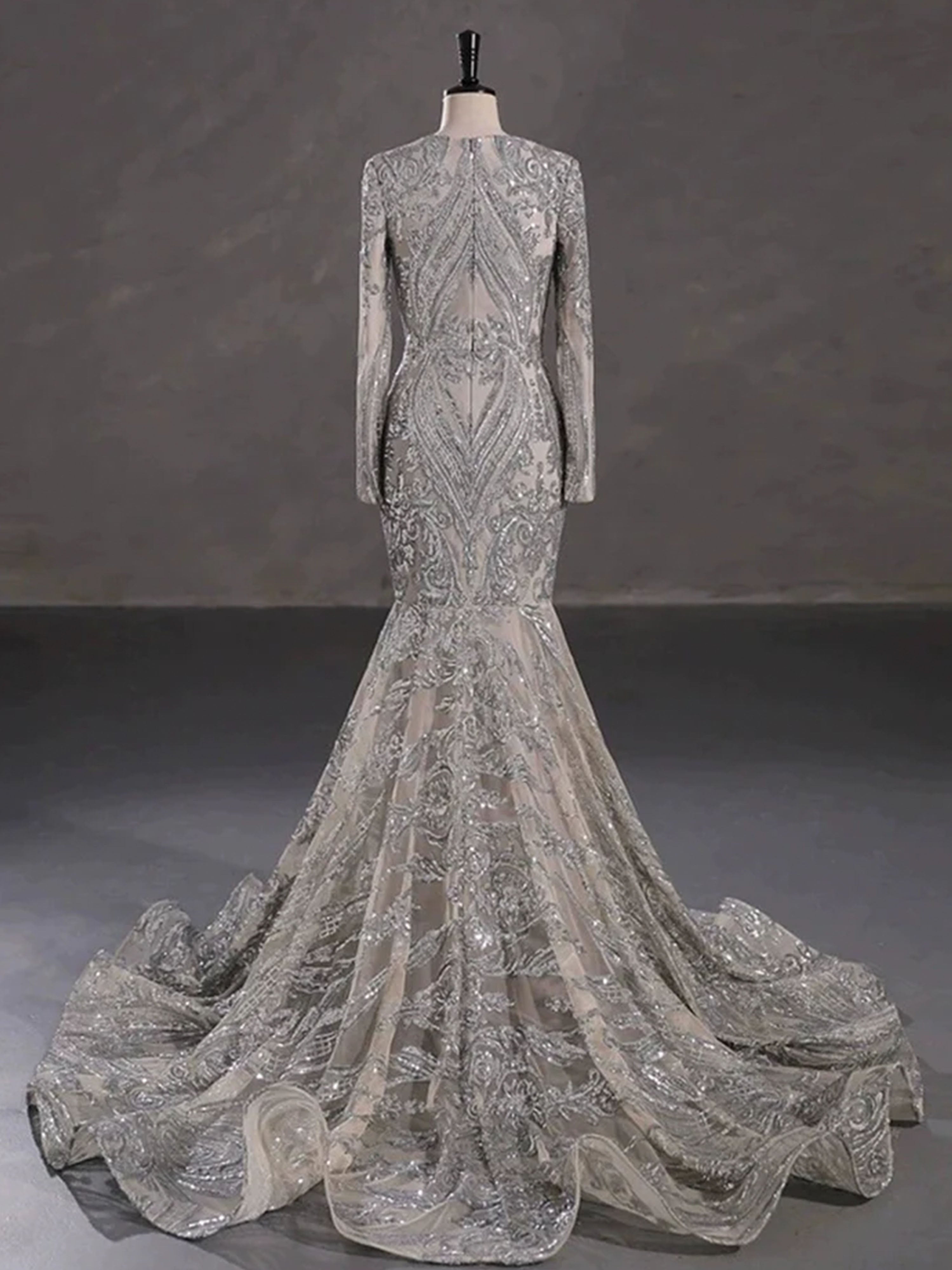 Silver Prom Dresses Gorgeous Trumpet/Mermaid Long Sleeves Sequins Lace Prom Dresses
