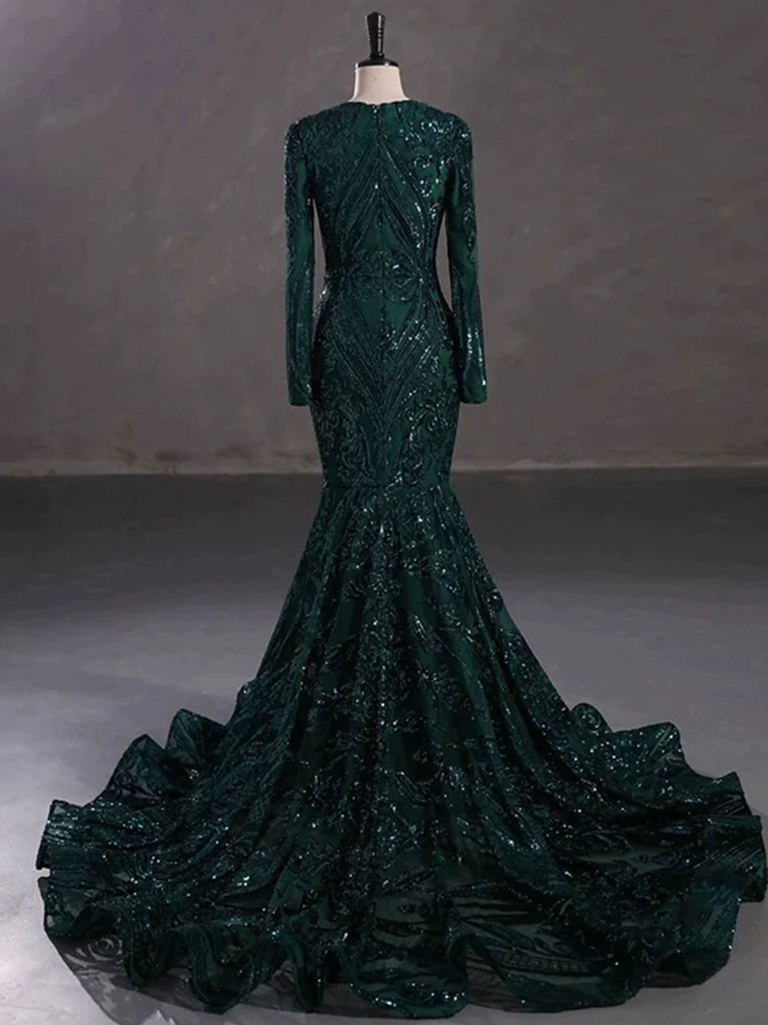 Prom Dresses Dark Green Gorgeous Trumpet/Mermaid Long Sleeves Sequins Lace Prom Dresses