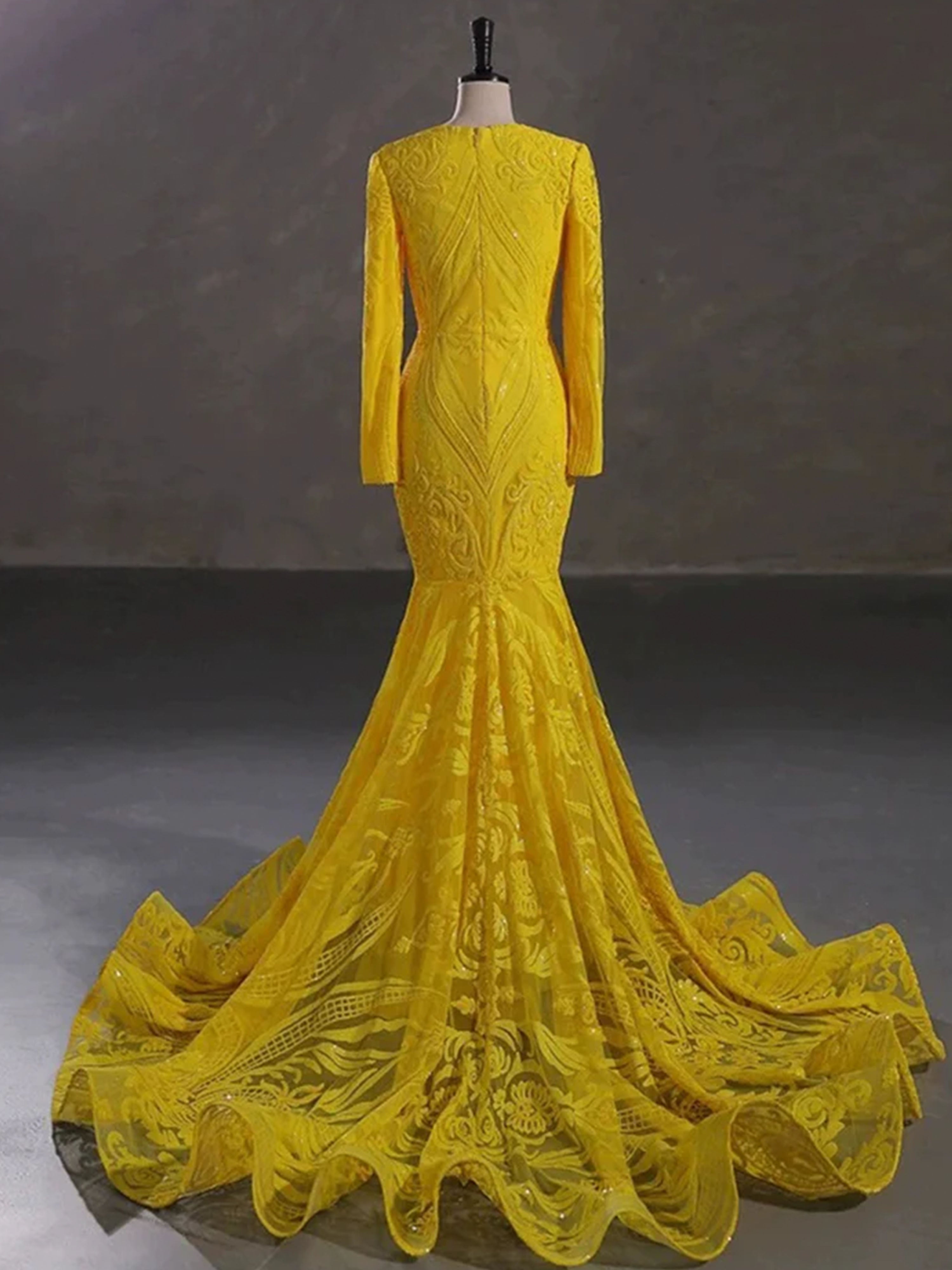 Yellow Prom Dress Gorgeous Trumpet/Mermaid Long Sleeves Sequins Lace Prom Dresses