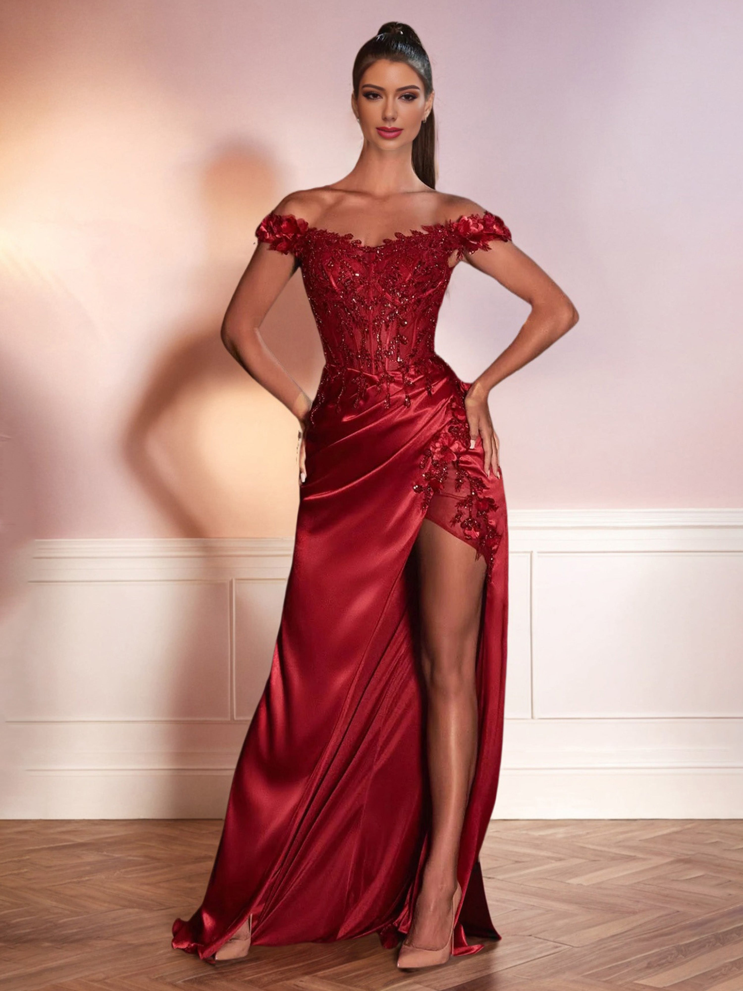 Red Lace Prom Dress Off The Shoulder Flower Appliques Sequined Bodice Red Lace Prom Dress Off The Shoulder Flower Appliques Sequined Bodice