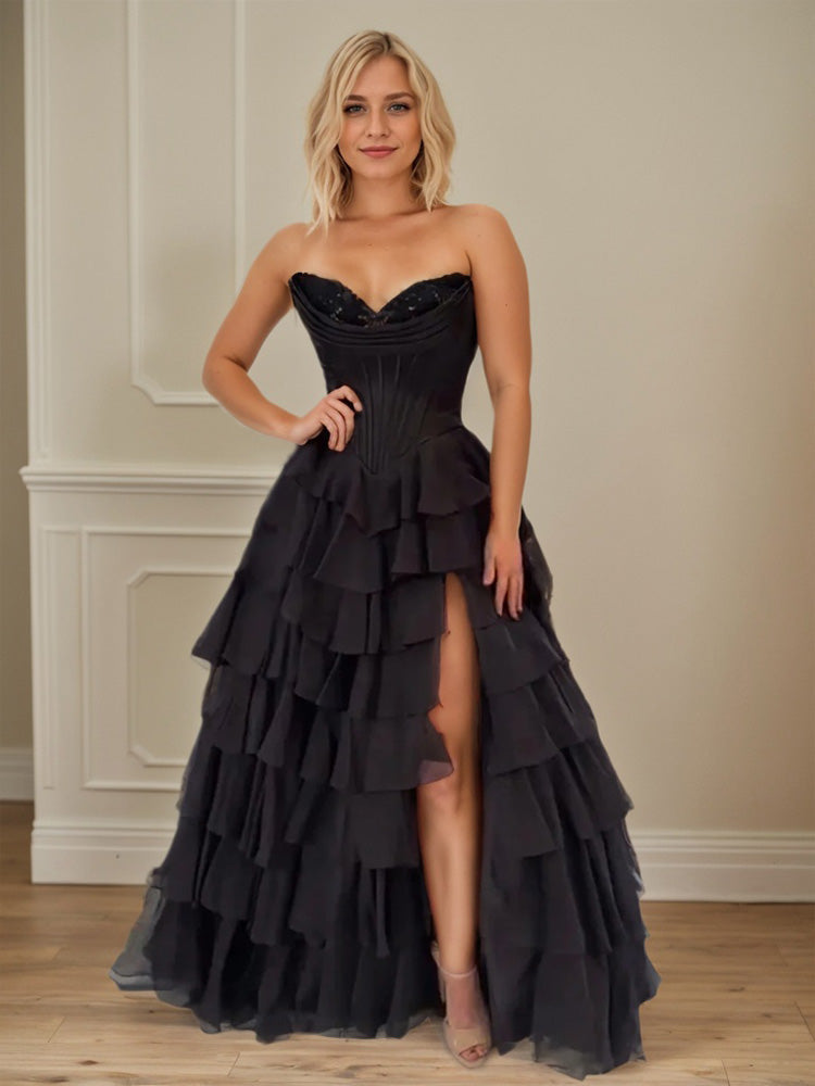 Black Evening Gown A Line Appliques Bodice Layers Prom Dress