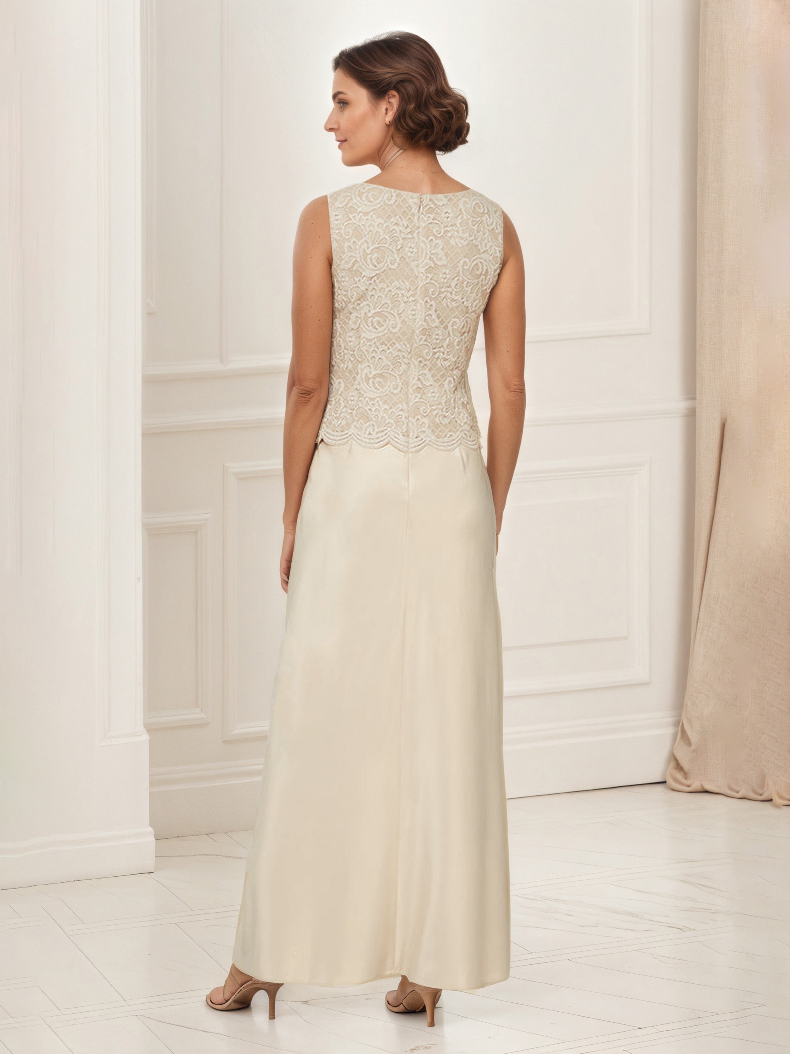 Glitter Lace Bodice Satin Champagne Mother Of The Bride Dress with Lace Jacket