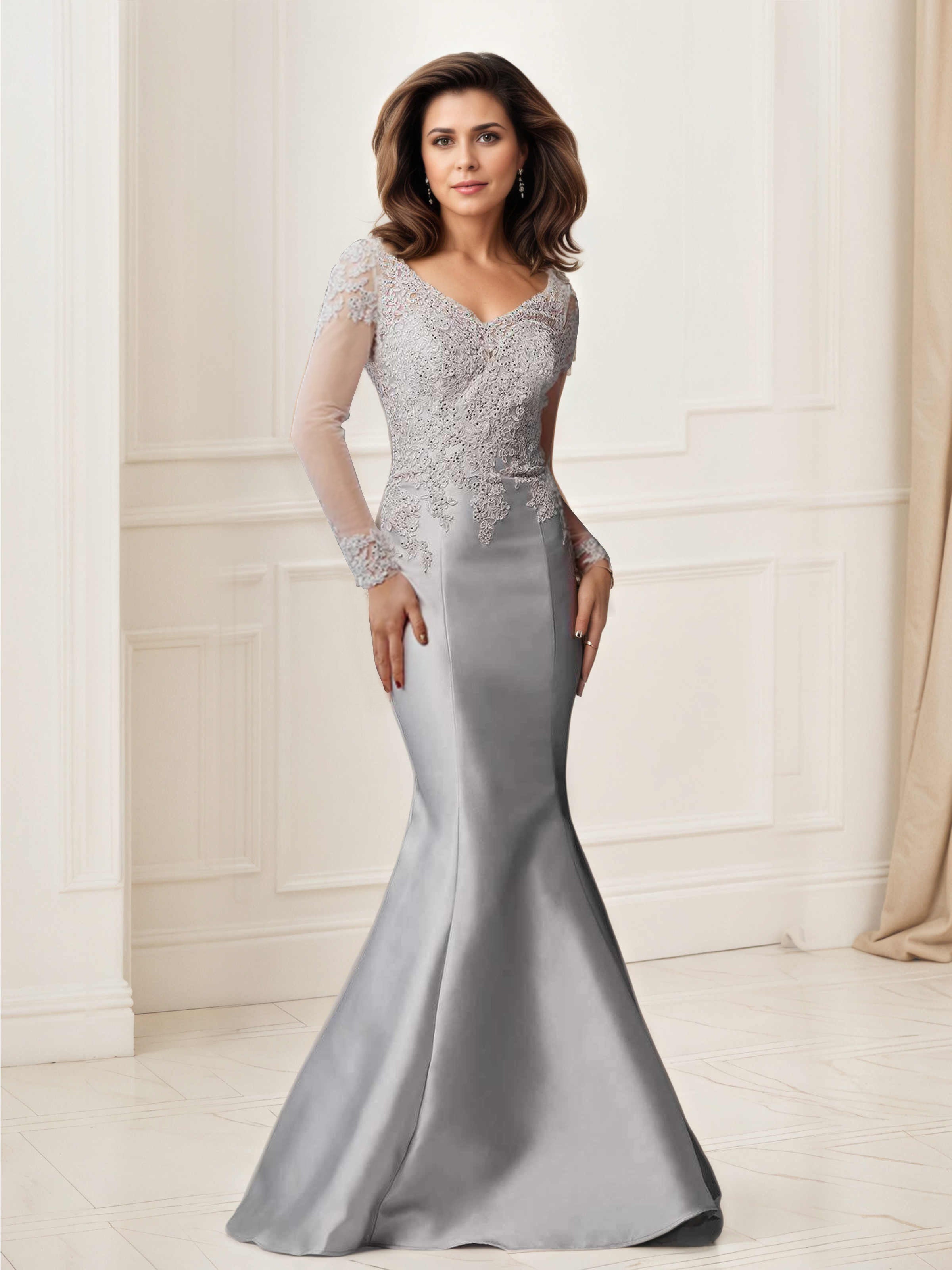Mermaid Gray Prom Dresses Lace Bodice Long V-Neck Prom Dress