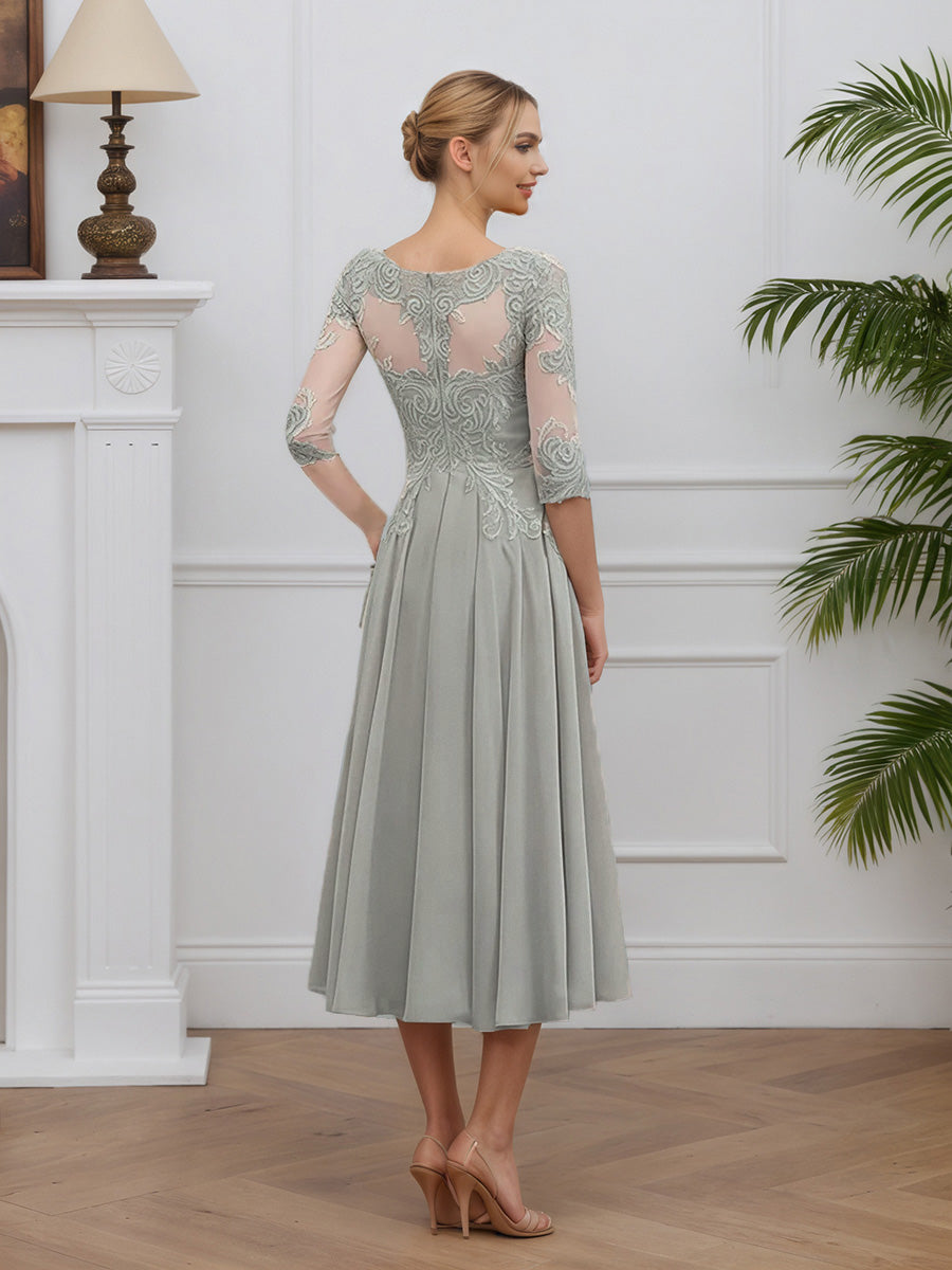 Cicinia Silver Mother Of The Bride Dresses Chiffon Lace A-Line Jewel Sleeves Tea Length
