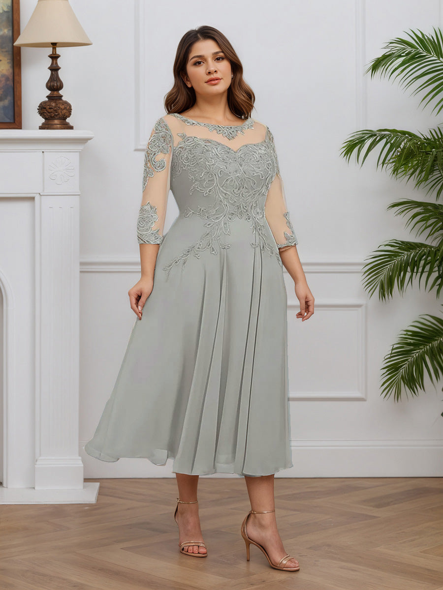 Cicinia Silver Mother Of The Bride Dresses Chiffon Lace A-Line Jewel Sleeves Tea Length Plus Size