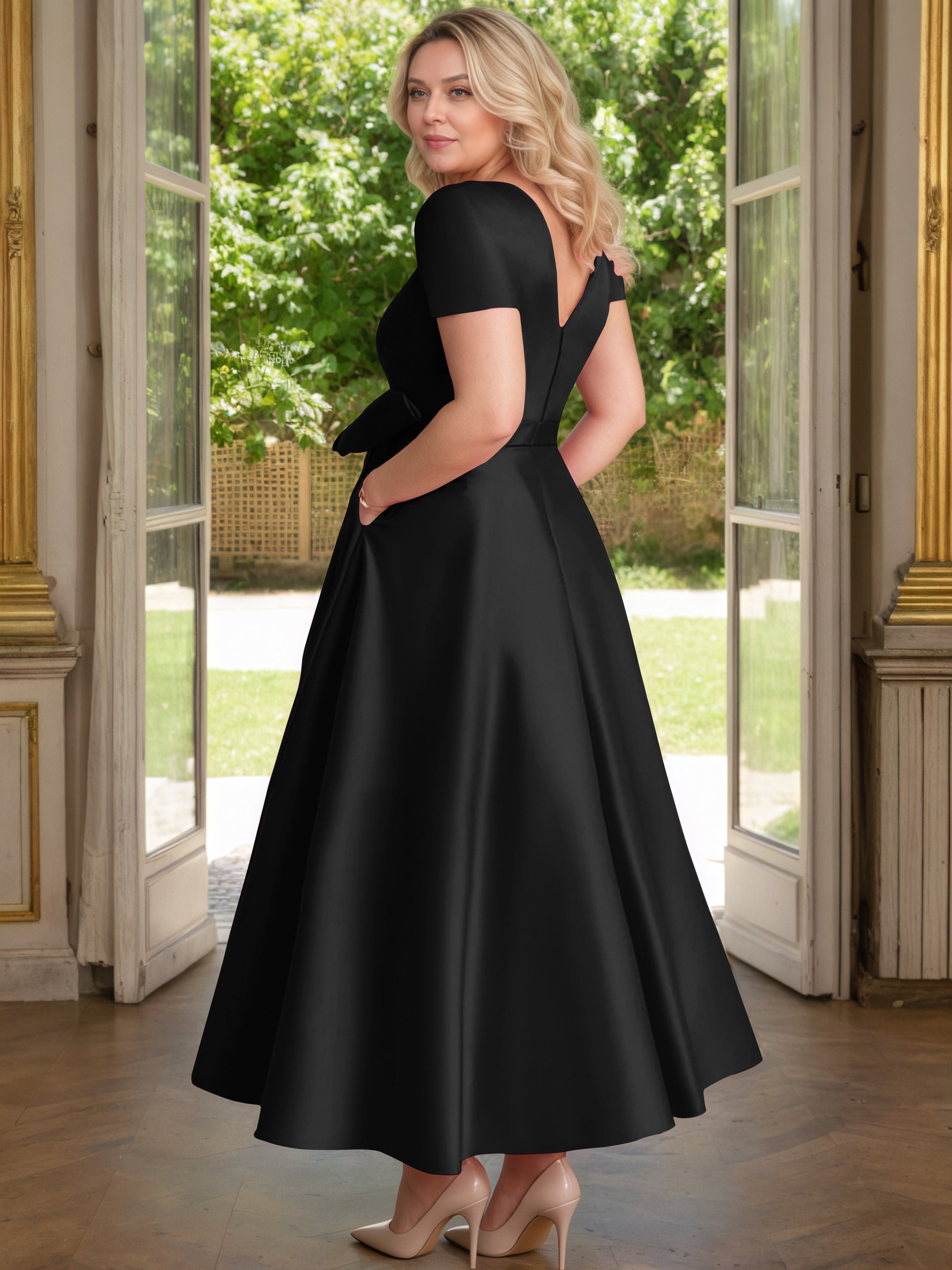Cicinia Black Mother Of The Bride Dress Satin Beading V-Neck Sleeves Ankle Length A-Line Plus Size