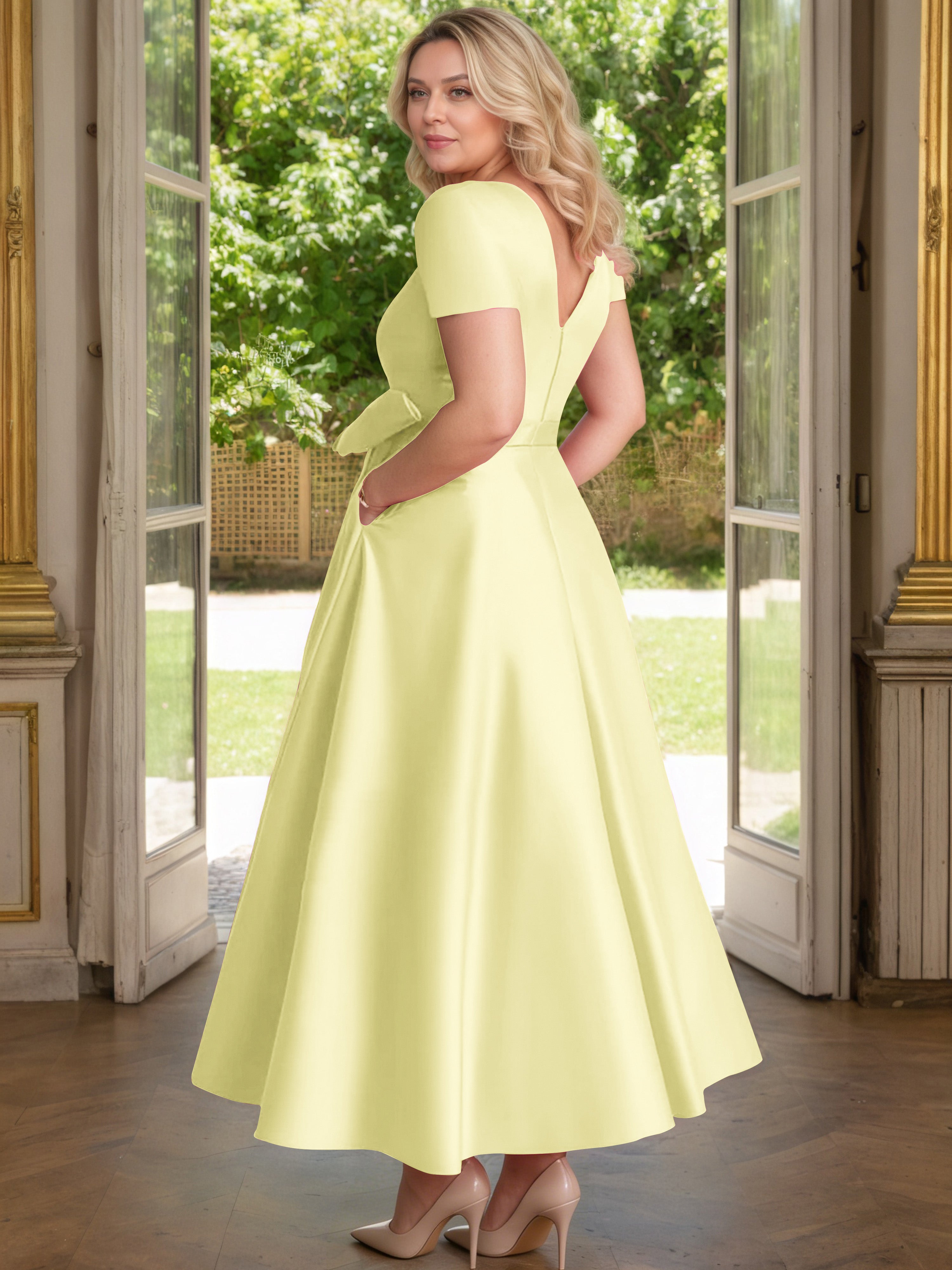Cicinia Daffodil Mother Of The Bride Dress Satin Beading V-Neck Sleeves Ankle Length A-Line Plus Size
