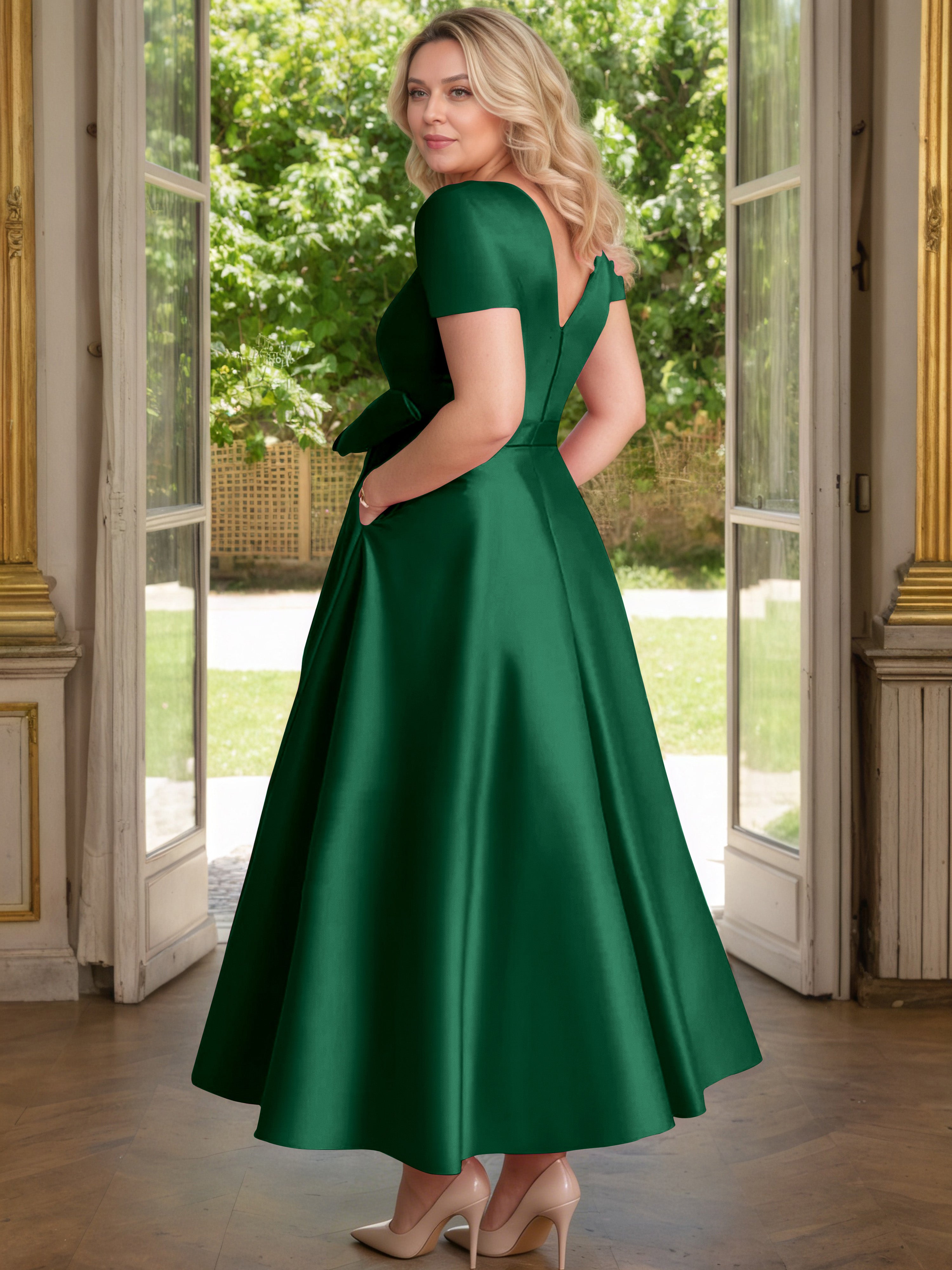 Cicinia Dark Green Mother Of The Bride Dress Satin Beading V-Neck Sleeves Ankle Length A-Line Plus Size